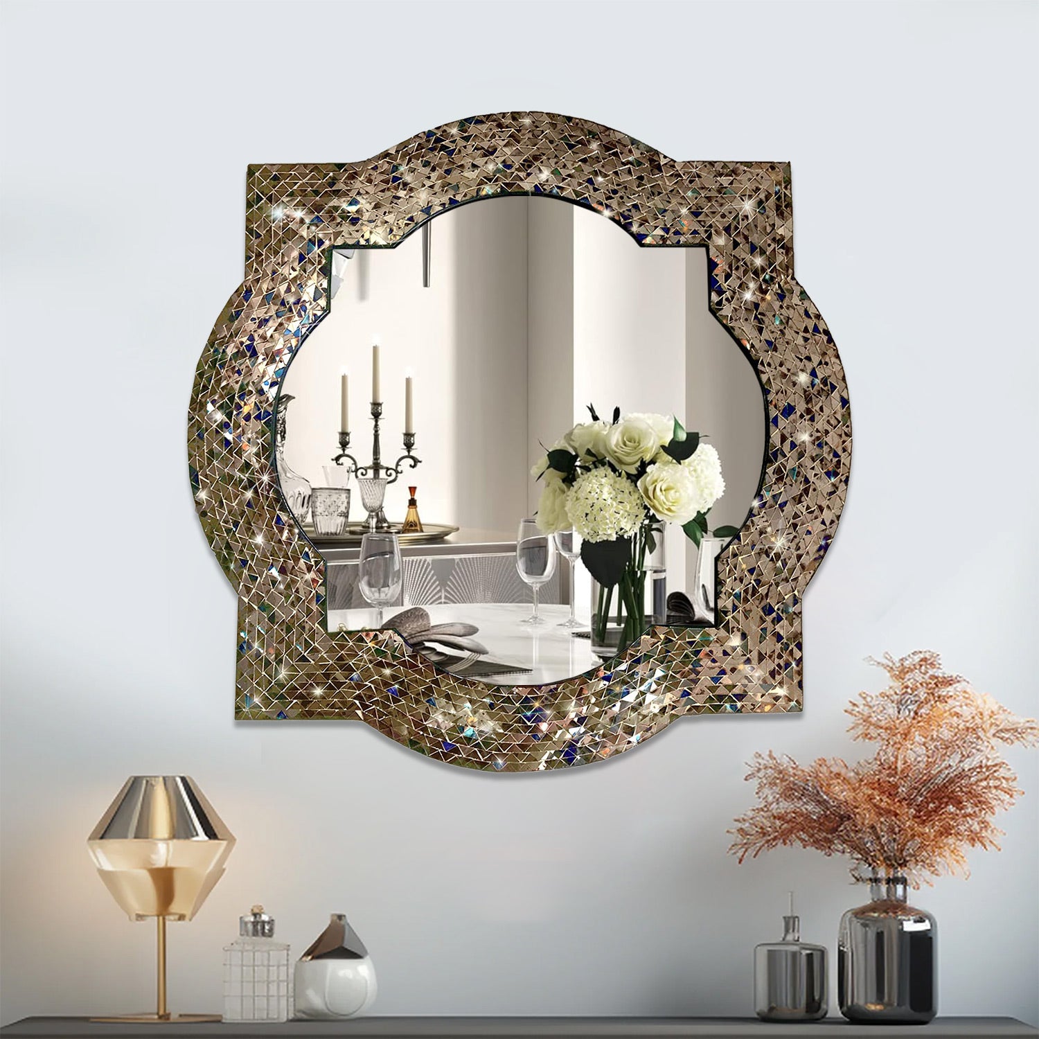 Andalusian Quatrefoil Mirror, Lindaraja Designer Mosaic Wall Mirror, 24" Colorful Handmade Wall Mirror Mosaic Quatrefoil Frame