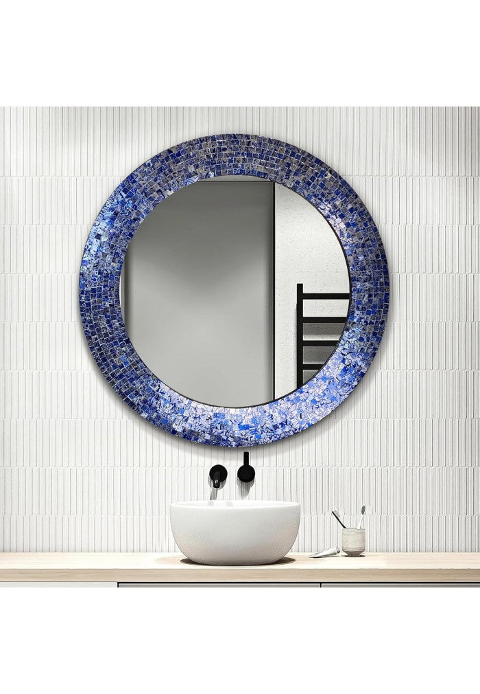 24" Sapphire And Silver, Handmade Round Decorative Glass Mosaic Tile Framed Accent Wall Mirror By DecorShore