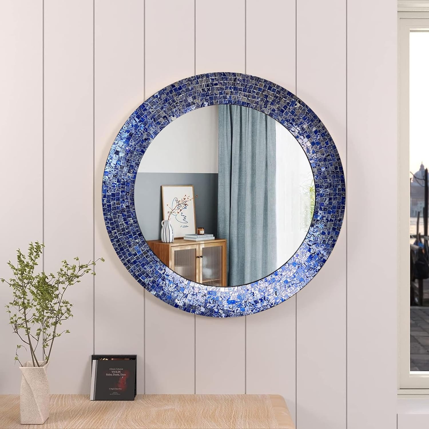 24" Sapphire And Silver, Handmade Round Decorative Glass Mosaic Tile Framed Accent Wall Mirror By DecorShore