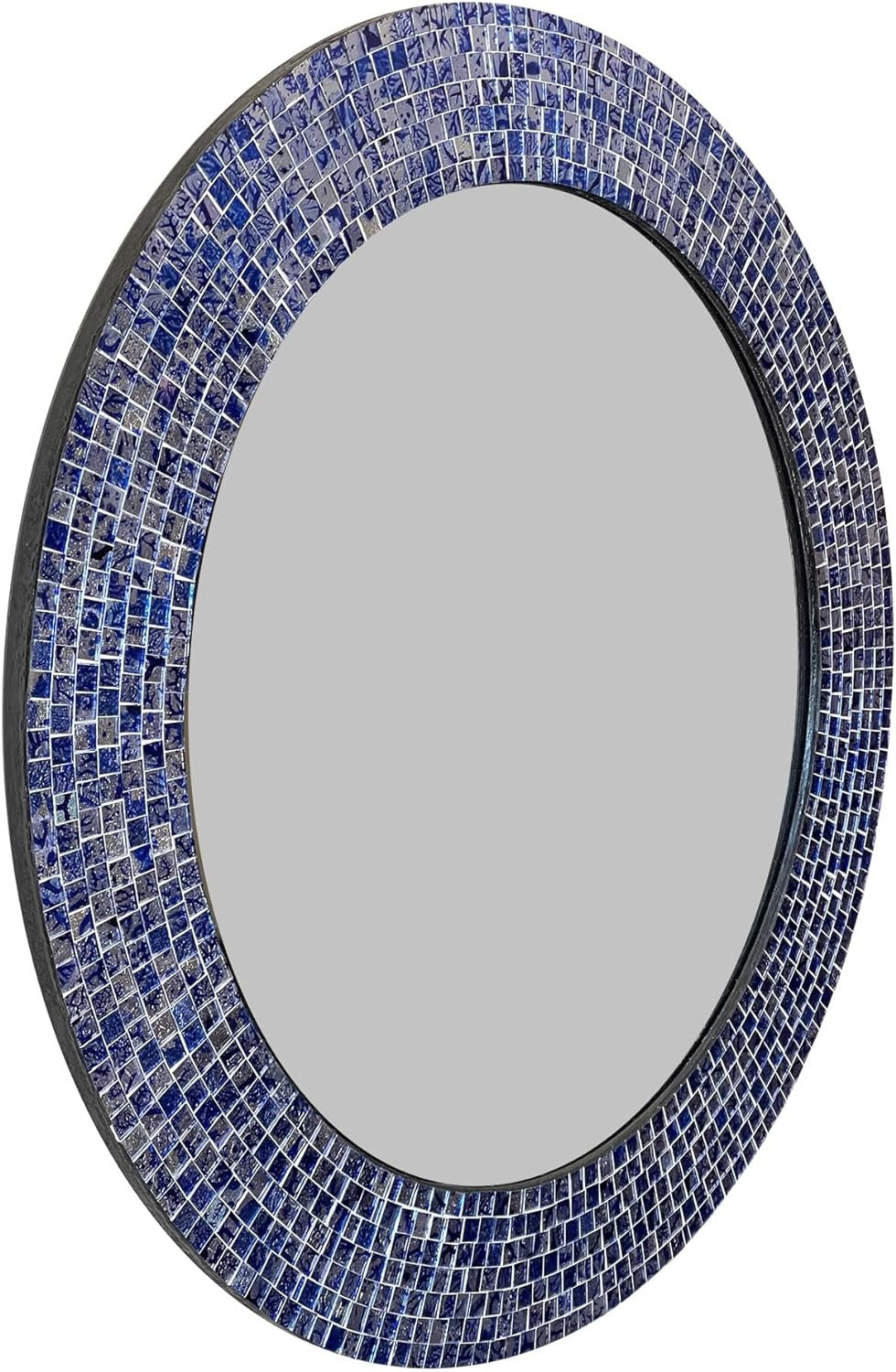 24" Sapphire And Silver, Handmade Round Decorative Glass Mosaic Tile Framed Accent Wall Mirror By DecorShore