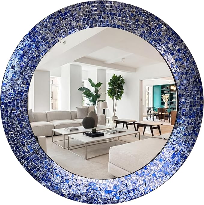 24" Sapphire And Silver, Handmade Round Decorative Glass Mosaic Tile Framed Accent Wall Mirror By DecorShore