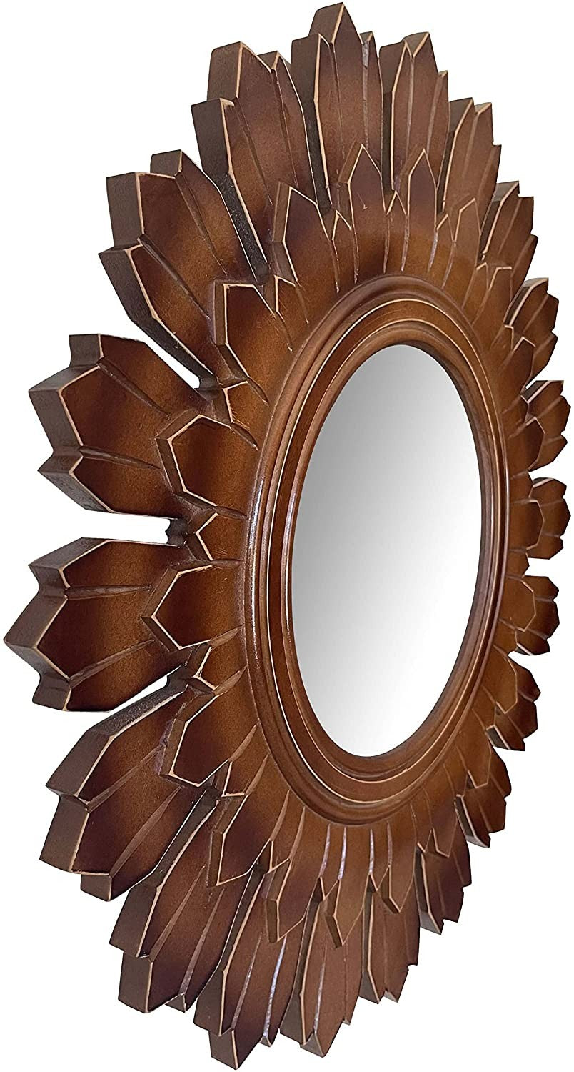 DecorShore 24" Handcrafted Wood Wall Mirror, Traditional Home Decor Solid Wooden Sun Shape Framed Mirror In Brown