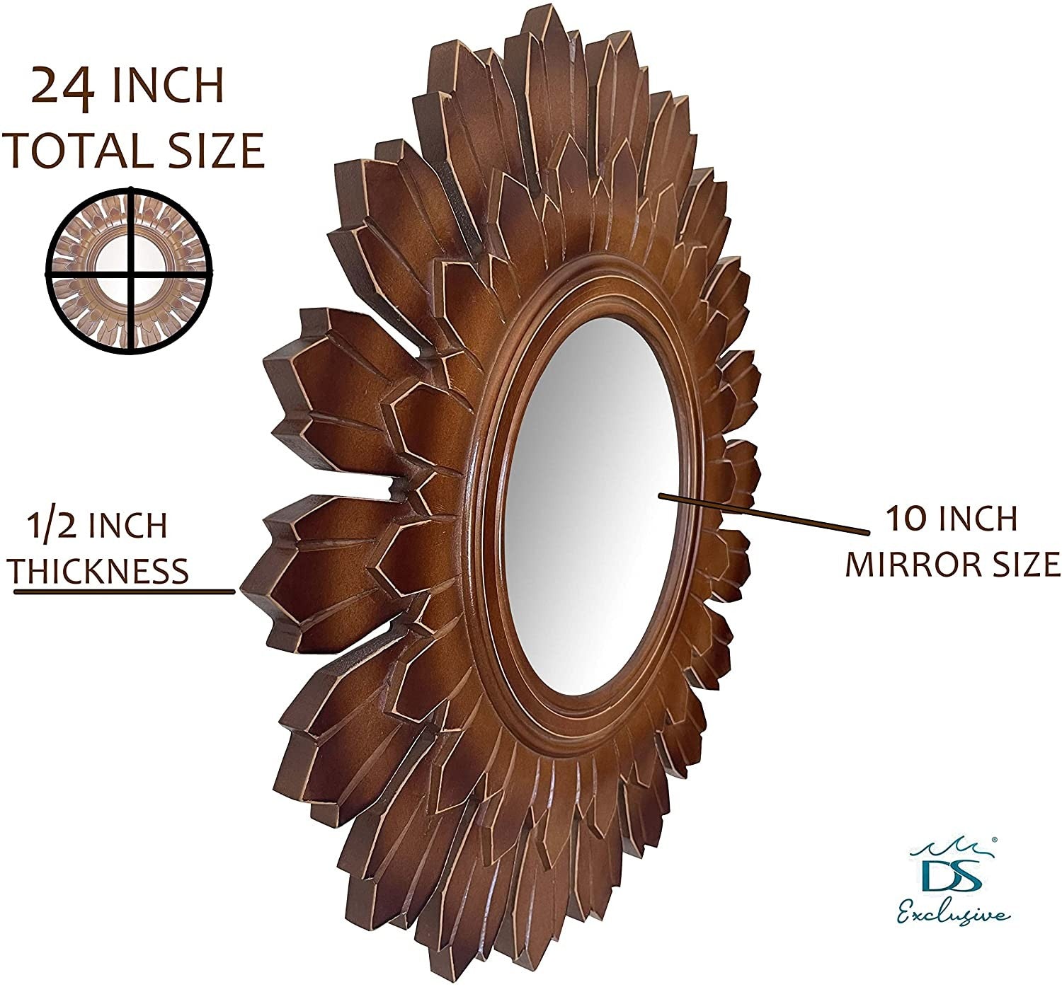 DecorShore 24" Handcrafted Wood Wall Mirror, Traditional Home Decor Solid Wooden Sun Shape Framed Mirror In Brown