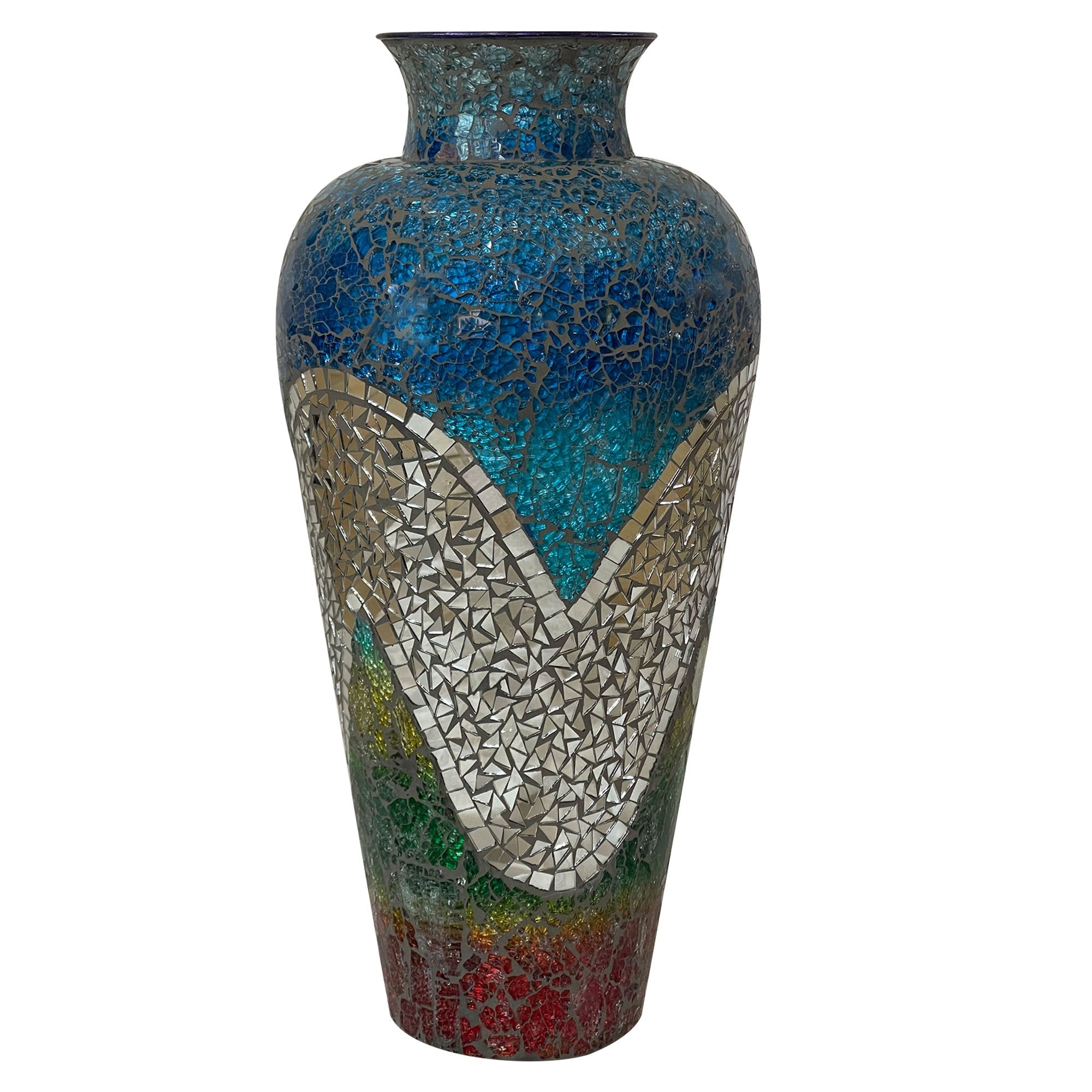 DecorShore 22" Tall Iron Base Decorative Mosaic Floor Vase With Glass Mosaic Tiles Overlay- Multi Silver Blue Red