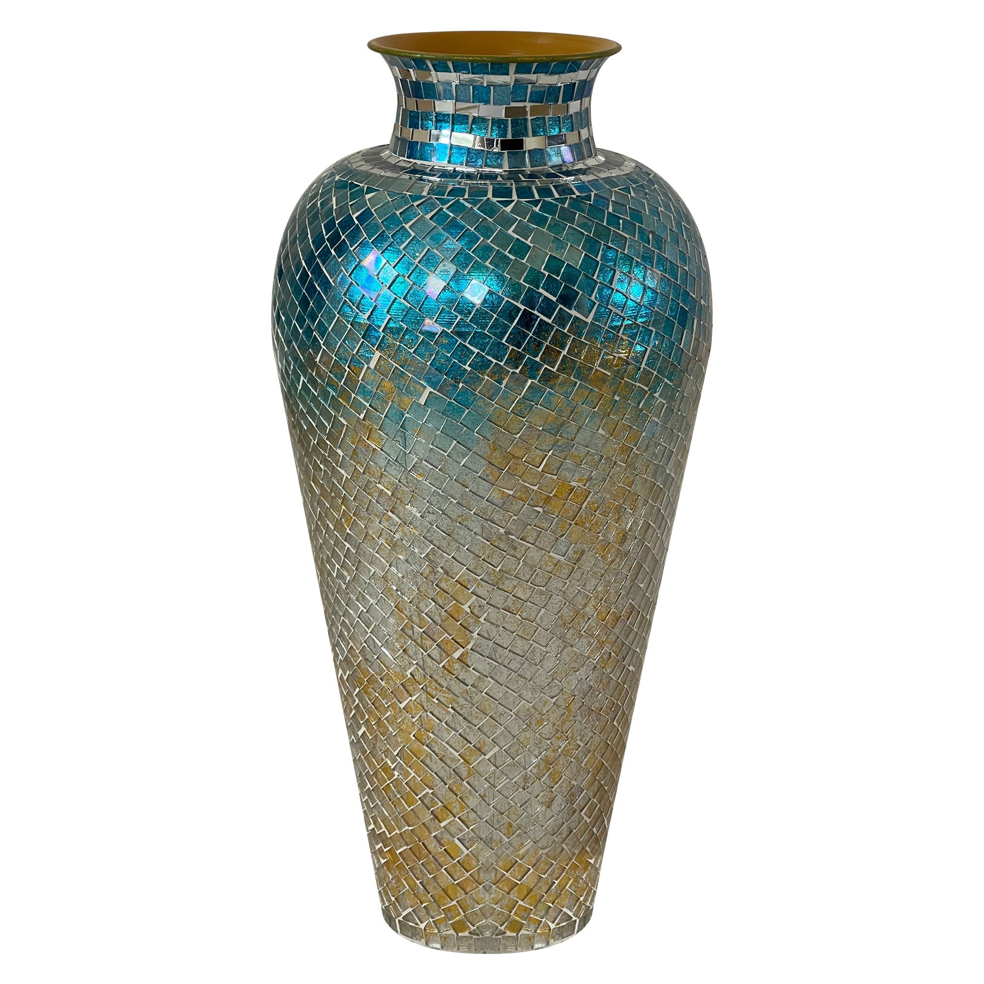 DecorShore 22" Tall Iron Base Decorative Mosaic Floor Vase With Glass Mosaic Tiles Overlay- Multi Yellow Blue