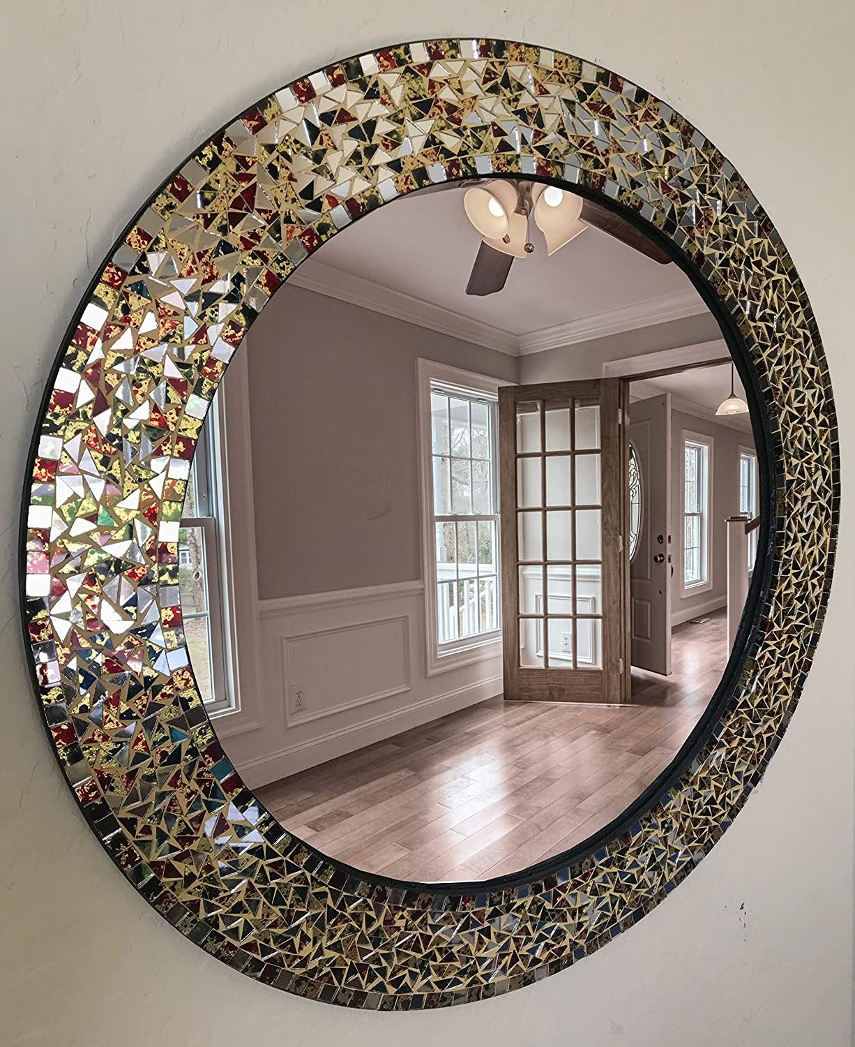 DecorShore 24" Gold or Silver Round Handmade Decorative Mosaic Glass Wall Mirror (Gemstone Rainbow)