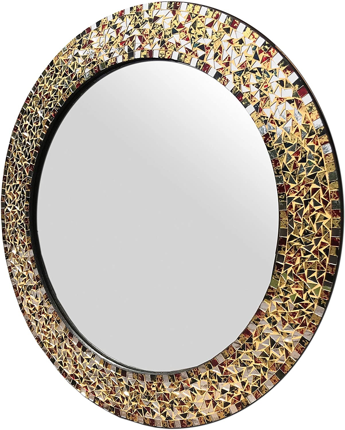 DecorShore 24" Gold or Silver Round Handmade Decorative Mosaic Glass Wall Mirror (Gemstone Rainbow)