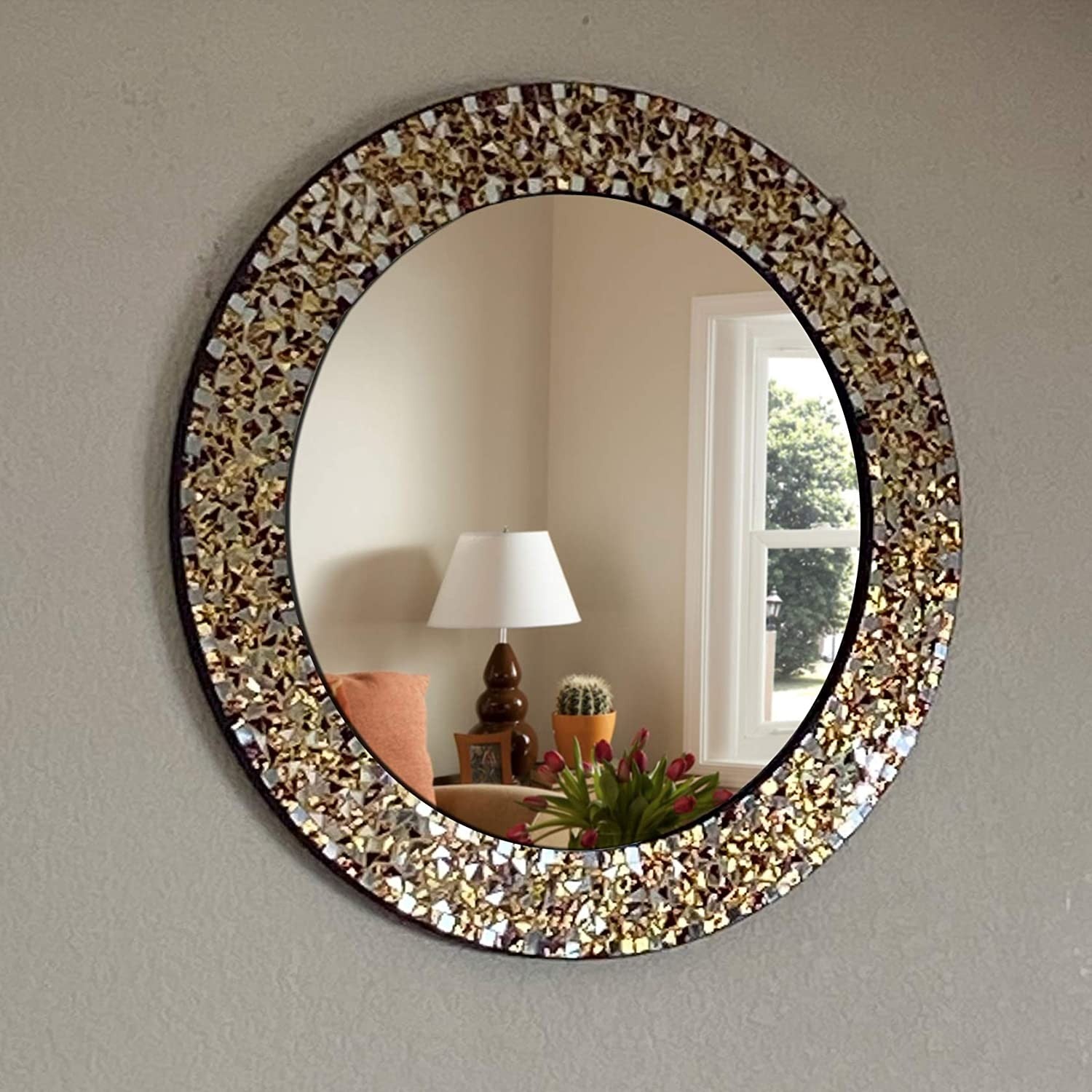 DecorShore 24" Golden Brown Round Handmade Crackled Glass Decorative Mosaic Wall Mirror (Golden Sands)