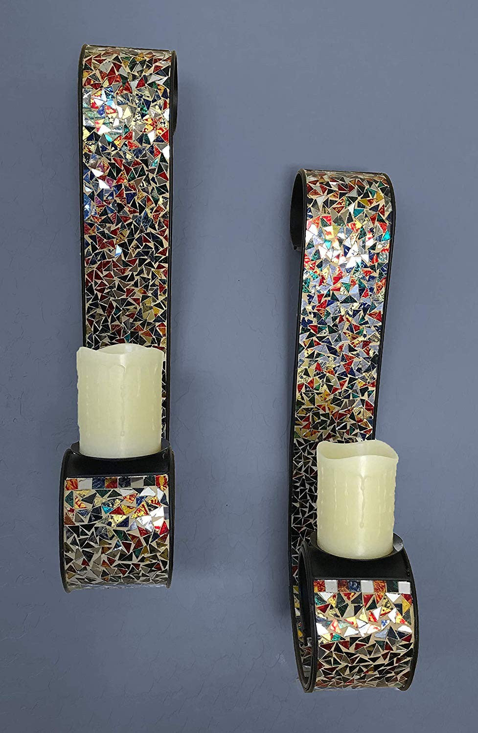 DecorShore "Bella Palacio" Metal Wall Sconce, 23 In. Decorative Mosaic & Iron Scroll Candle Holder (Gemstone Rainbow)