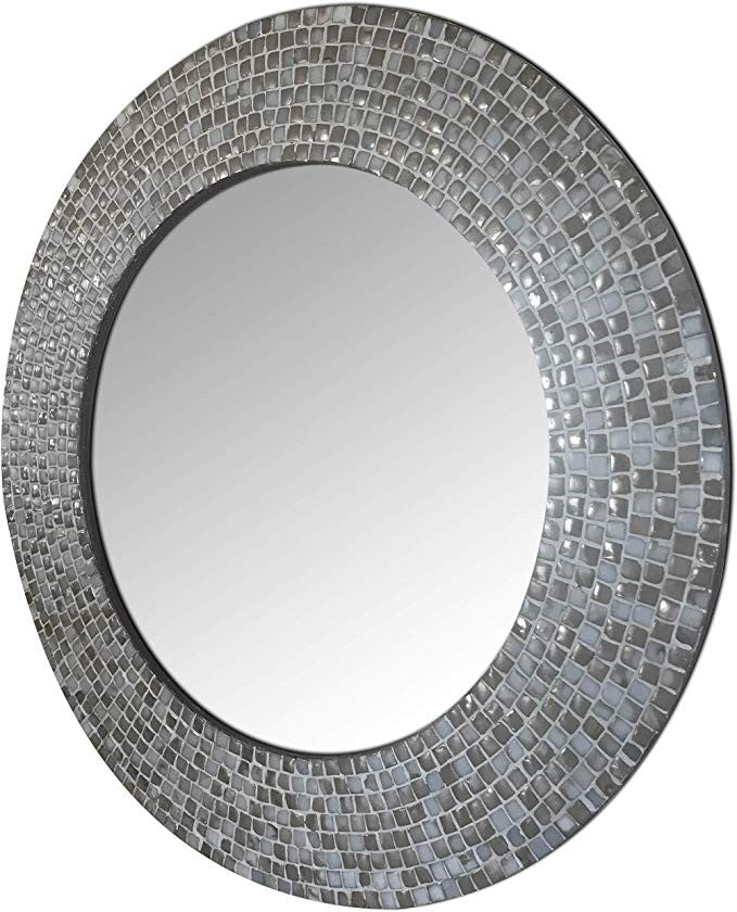 DecorShore 24 In. Handmade Ceramic Glass Mosaic Decorative Wall Mirror In Cool Gray and Silver Colors