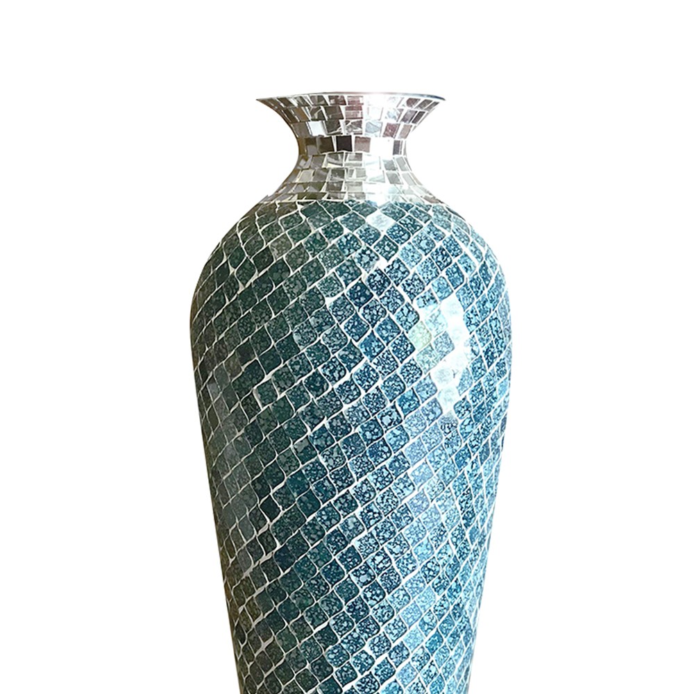 Mosaic Floor Vase, Decorative Metal Mosaic Piece Vase in Geometric Pattern Wavy Shape with Glass- Marbled Teal & Silver