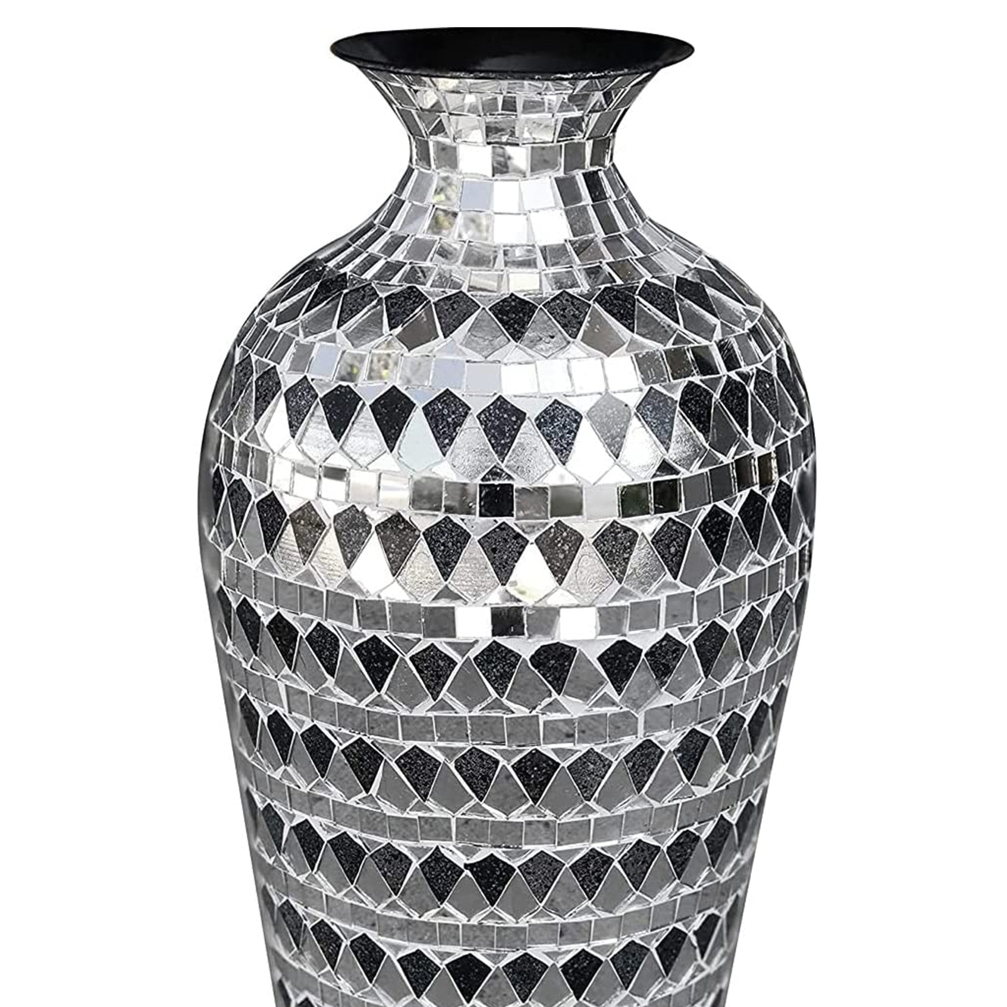 DecorShore Decorative Mosaic Vase - Large Metal Floor Vase With Glass Mosaic In Elegant Silver & Black Tessellation Pattern