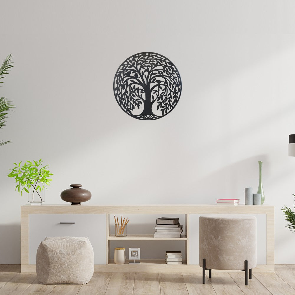 Round Metal Wall Art Decorative Wall Sculpture Natural Sanctuary Tree Of Life Hanging Wall Decor In Antique Silver Finish