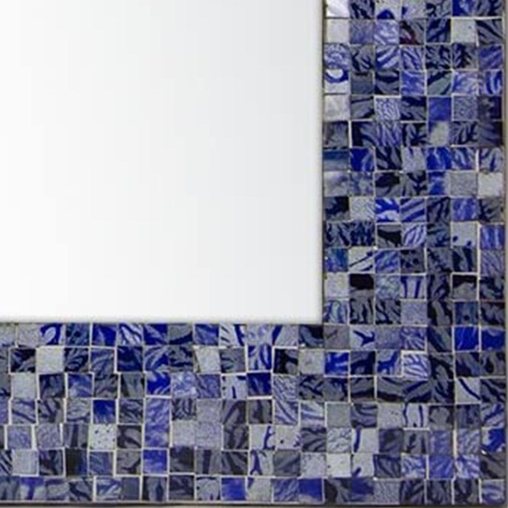 24" Lapis Blue Glass Mosaic Tile Framed Decorative Rectangular Wall Mirror, Handmade Eclectic Accent Mirror