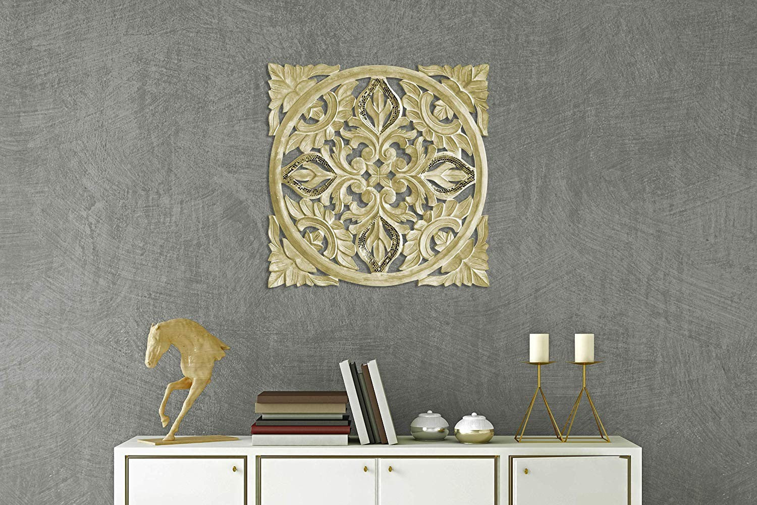 Hand Carved Ornate Wooden Wall Art Panel – 60x60cm Square – Shabby Chic Decor