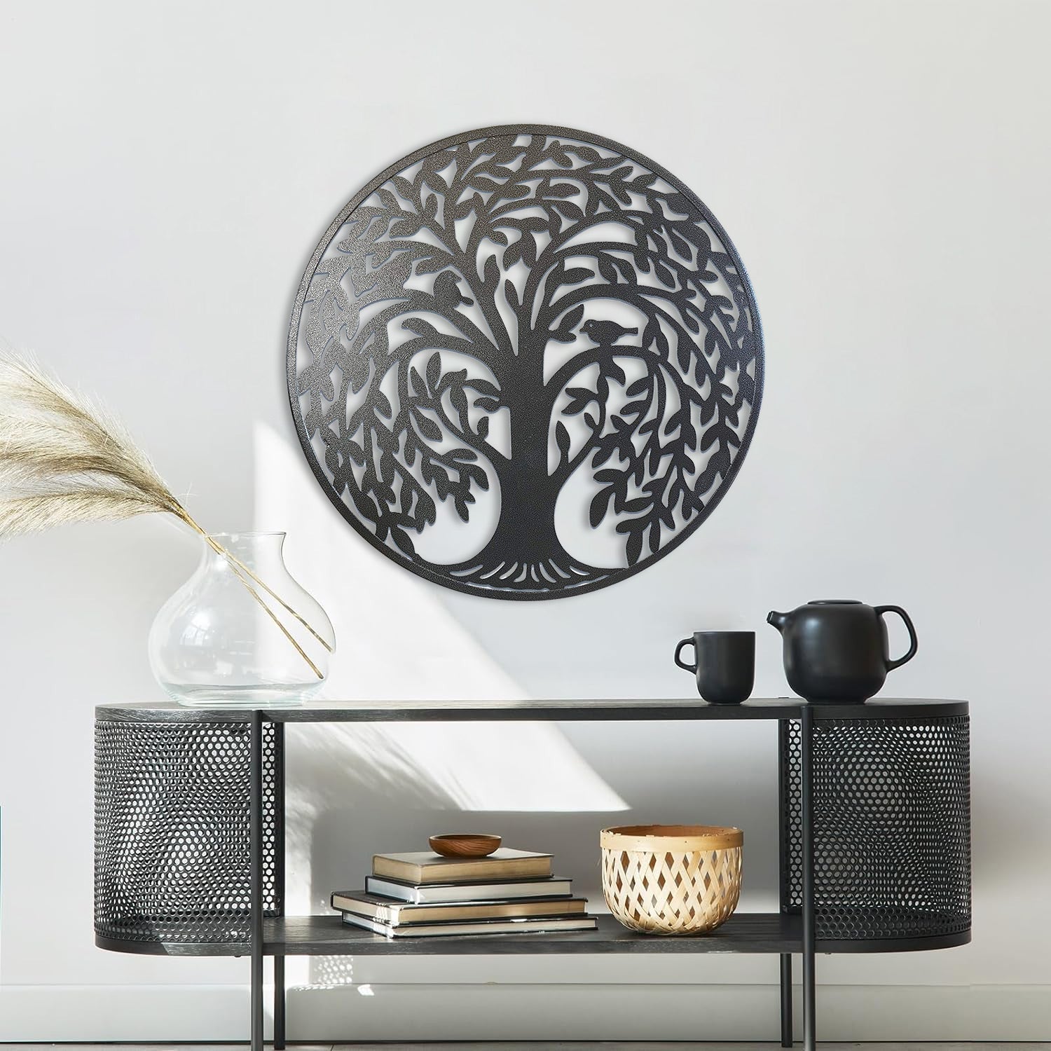 Round Metal Wall Art Decorative Wall Sculpture Natural Sanctuary Tree Of Life Hanging Wall Decor In Antique Silver Finish