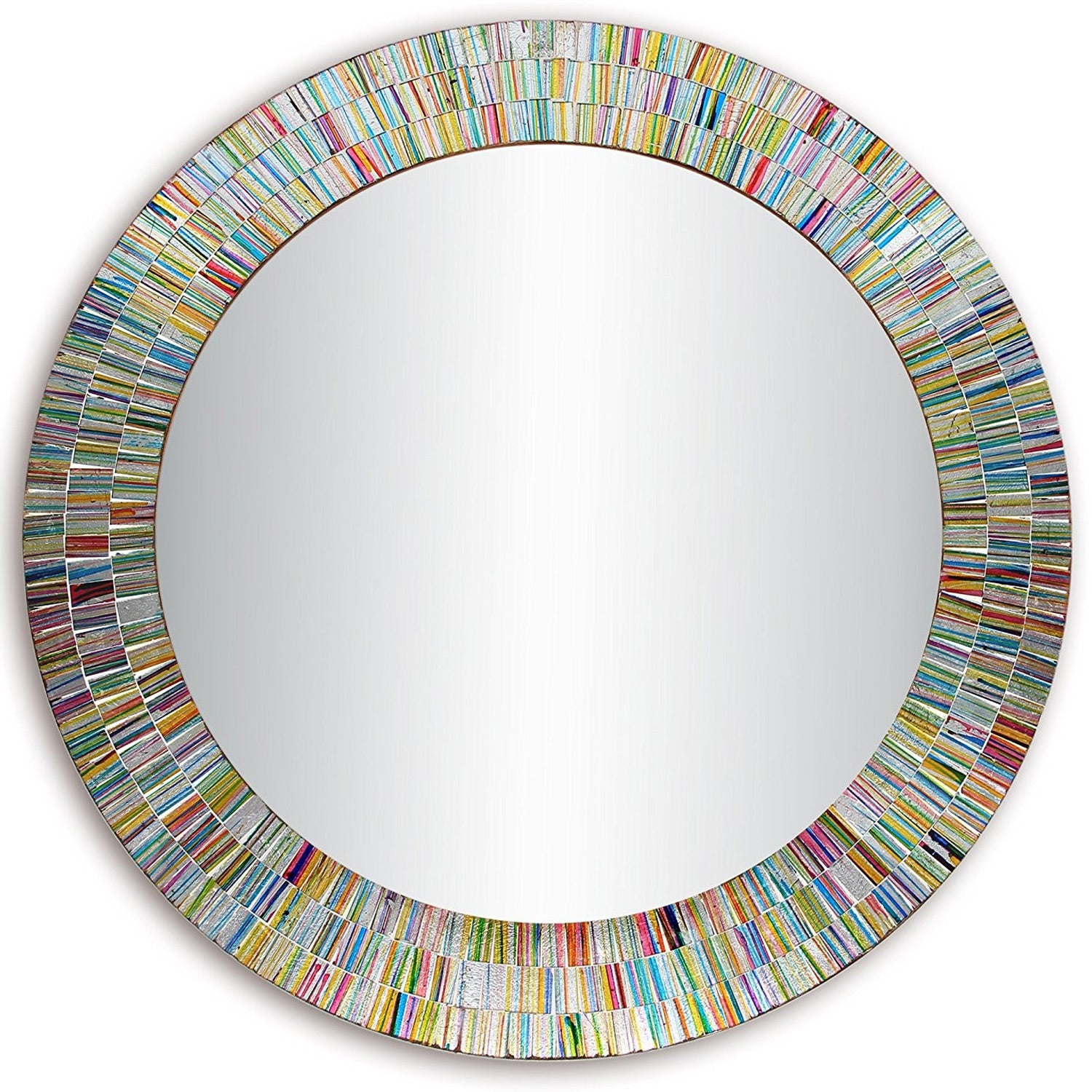 Bohemian Rainbow Decorative Wall Mirror -Glass Mosaic Mirror Round Wall Mirror, Multi Color Spectrum Wall Mountable, 24" Multi-Color Round Framed Mirror