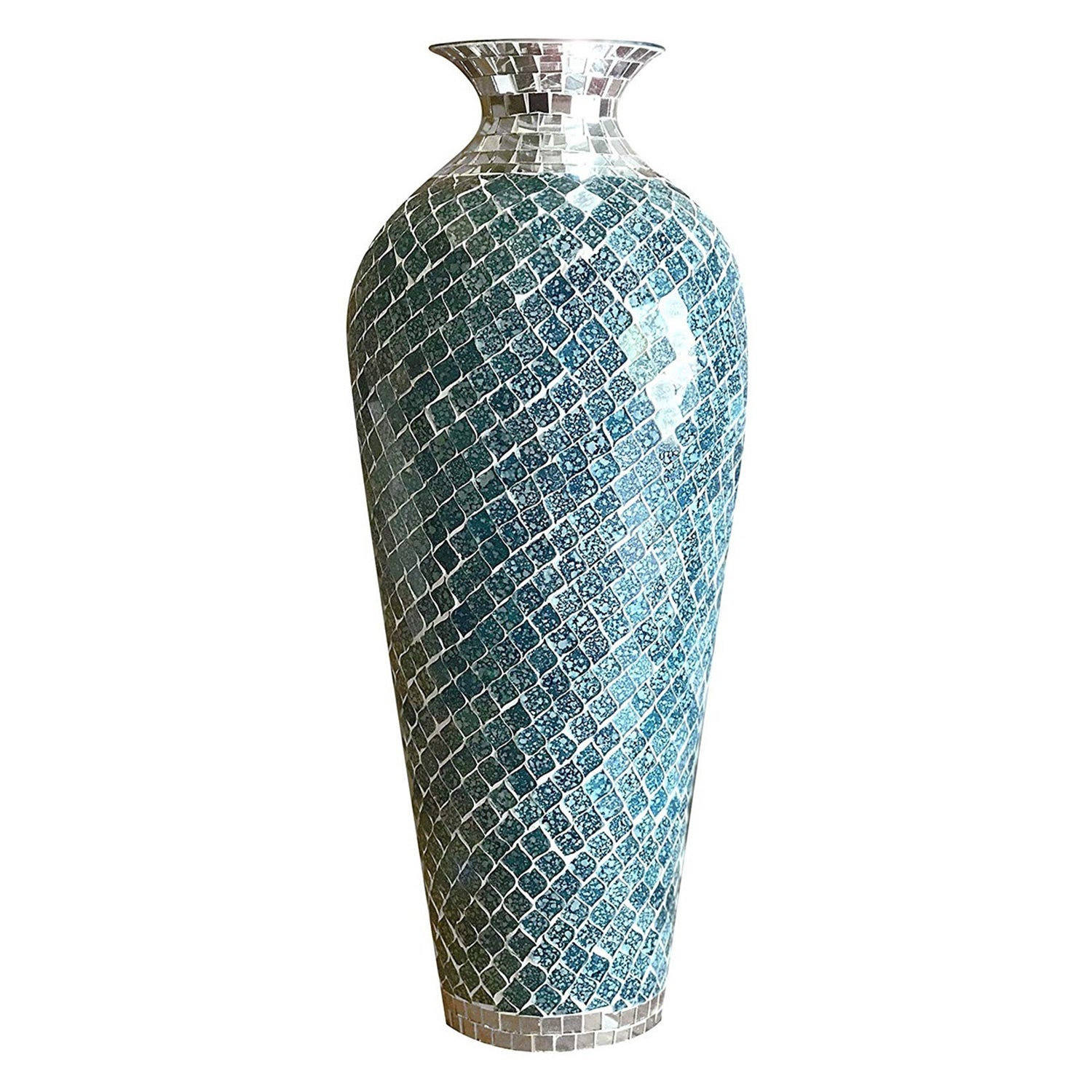 Mosaic Floor Vase, Decorative Metal Mosaic Piece Vase in Geometric Pattern Wavy Shape with Glass- Marbled Teal & Silver