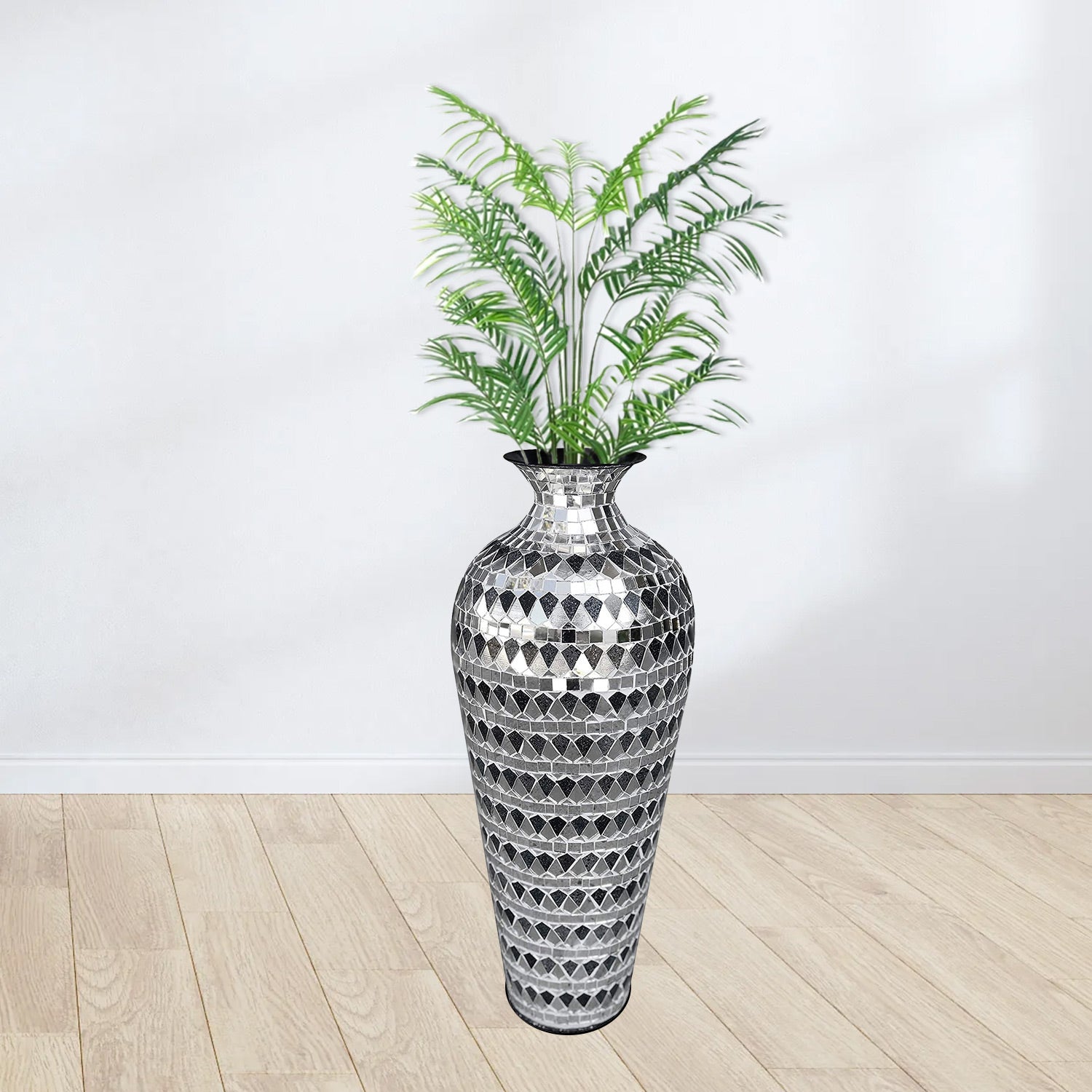 DecorShore Decorative Mosaic Vase - Large Metal Floor Vase With Glass Mosaic In Elegant Silver & Black Tessellation Pattern