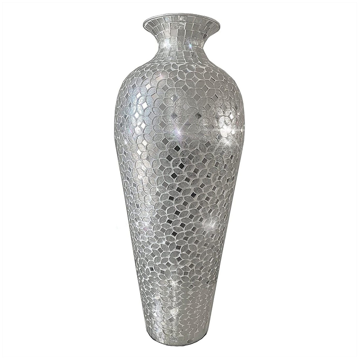 DecorShore 20" Decorative Mosaic Vase for Floor- Large Metal Tall Vase for Flowers With Glass Mosaic In Silver