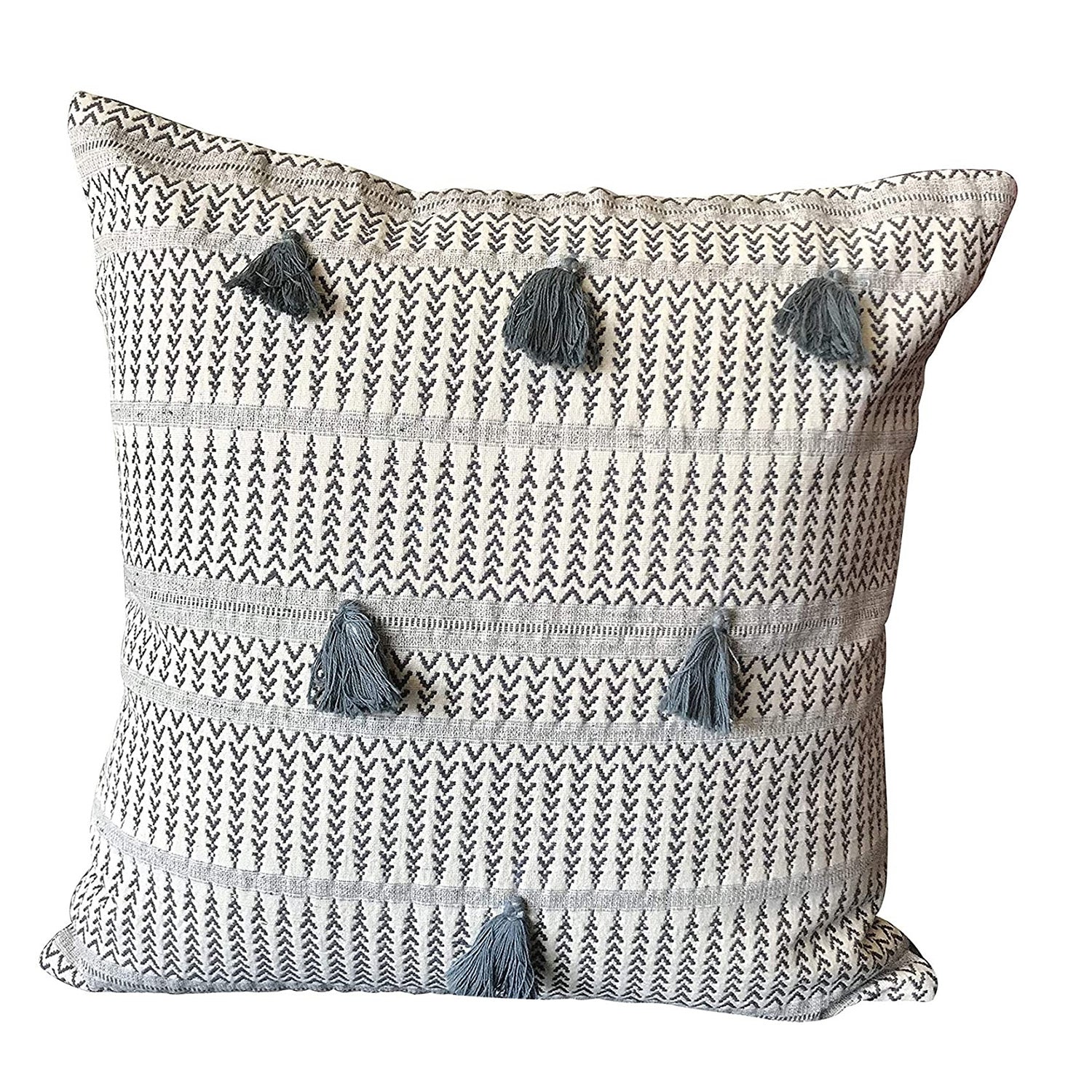 Throw Pillow Cover Tribal Boho Woven Pillowcase With Tassels Soft For Sofa Couch 18 Inch Blue Ivory