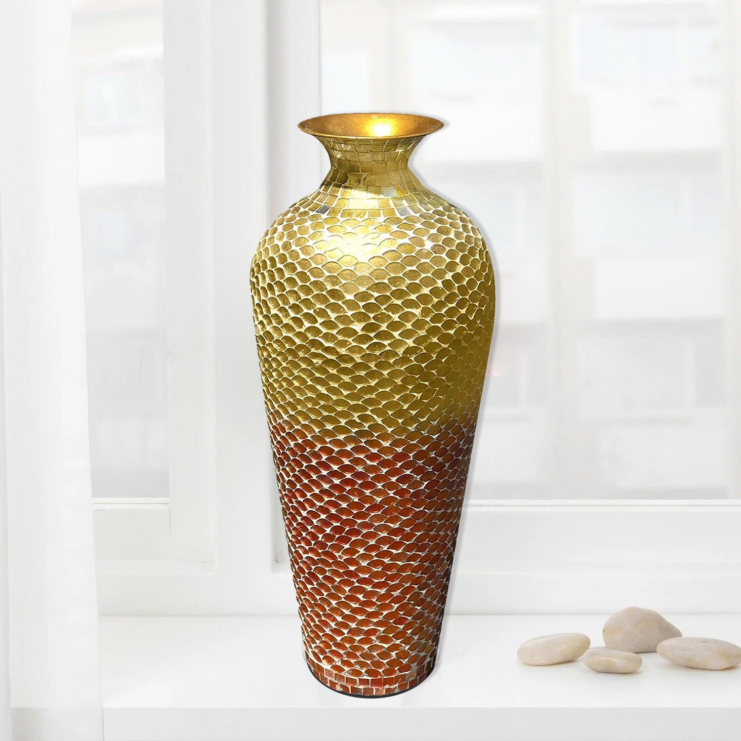 DecorShore Decorative Mosaic Vase - Tall Metal Floor Vase With Glass Mosaic In Shades Of Amber Gold & Tangerine Orange