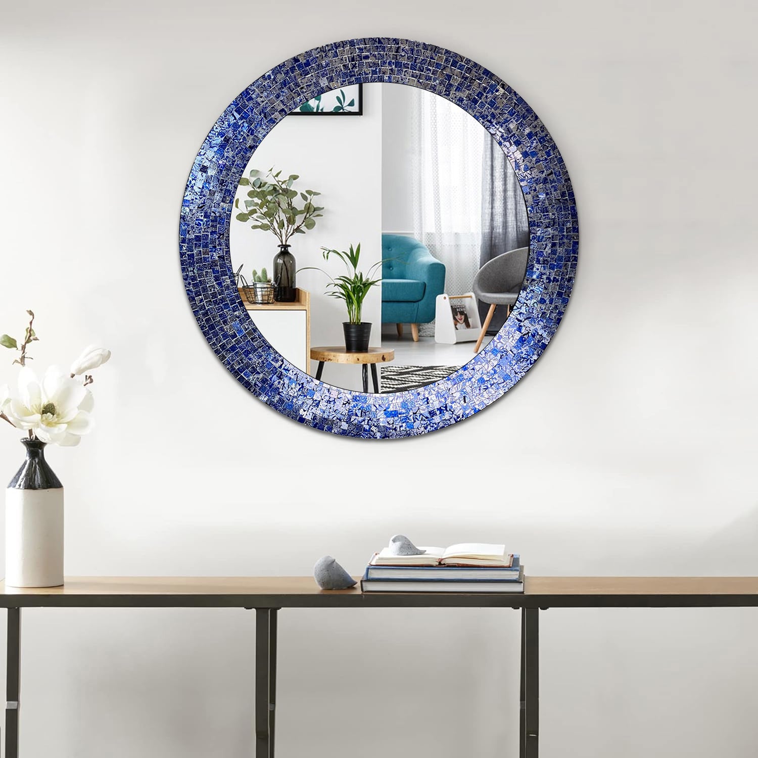 24" Sapphire And Silver, Handmade Round Decorative Glass Mosaic Tile Framed Accent Wall Mirror By DecorShore