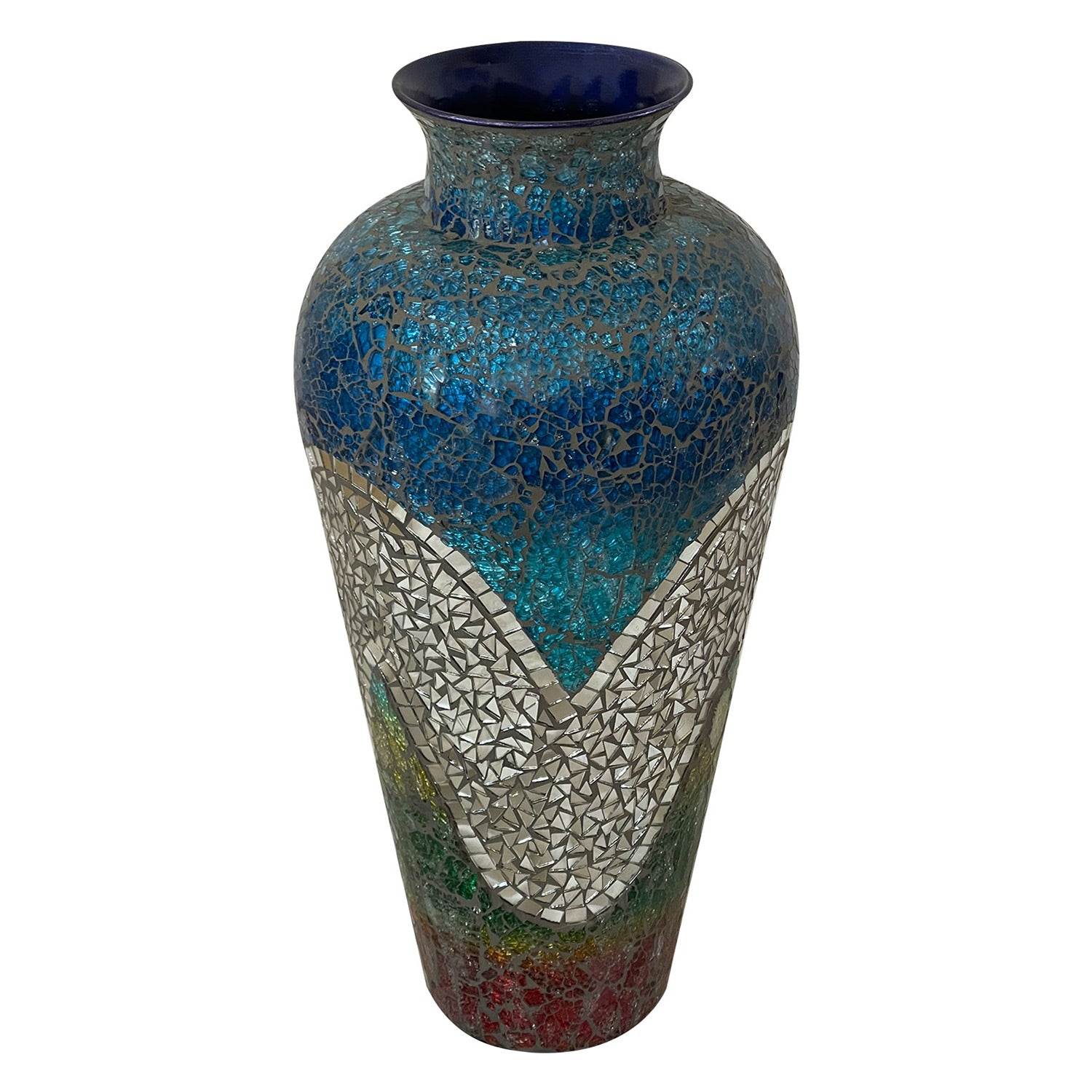 DecorShore 22" Tall Iron Base Decorative Mosaic Floor Vase With Glass Mosaic Tiles Overlay- Multi Silver Blue Red