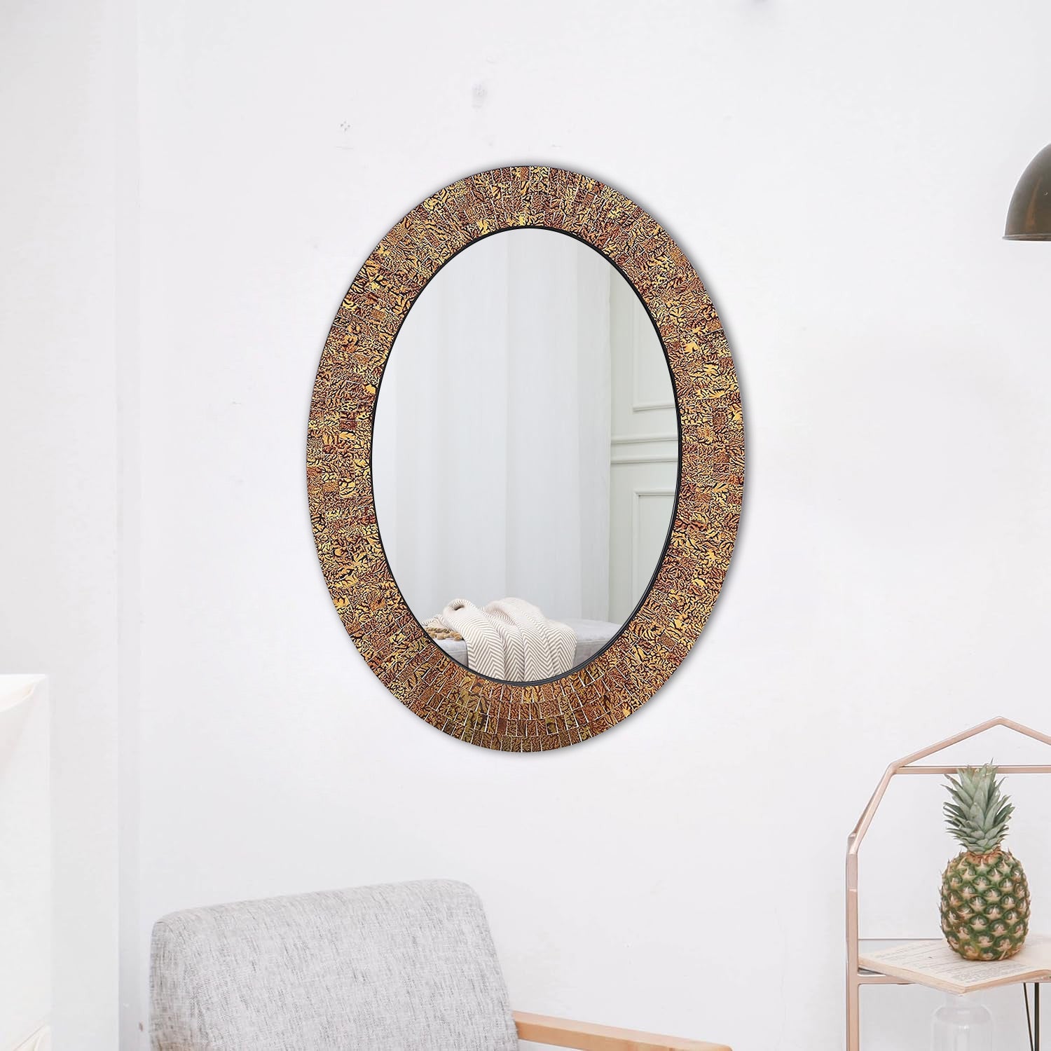 DecorShore Traditional Decorative Mosaic Wall Mirror - 32 X 24 In Oval Shape Hanging Brown Glass Wall Mirror