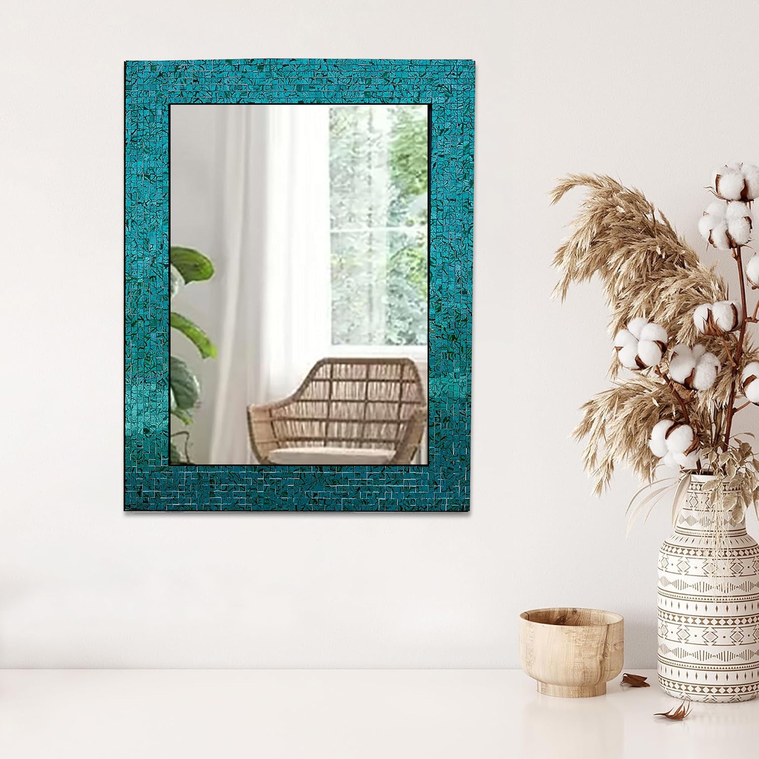 DecorShore 30" x 24" Glass Mosaic Framed Decorative Wall Mirror, Handmade Eclectic Accent Mirror,  Unique Vanity Mirror (Green Blue Slate)