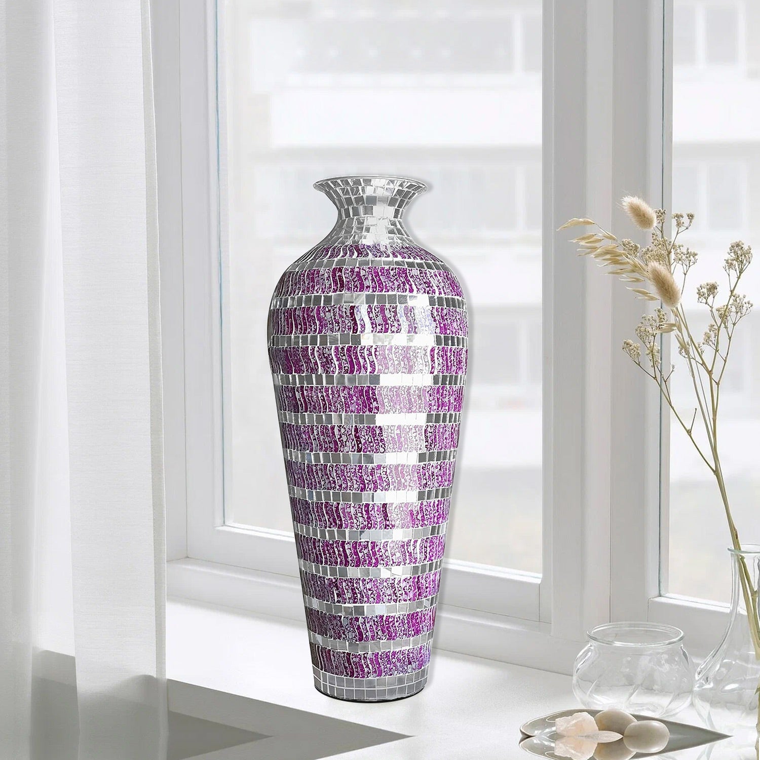 DecorShore Decorative Mosaic Vase - Geometric Pattern Metal Floor Vase With Glass Mosaic In Marbled Magenta Silver Wavy Shape