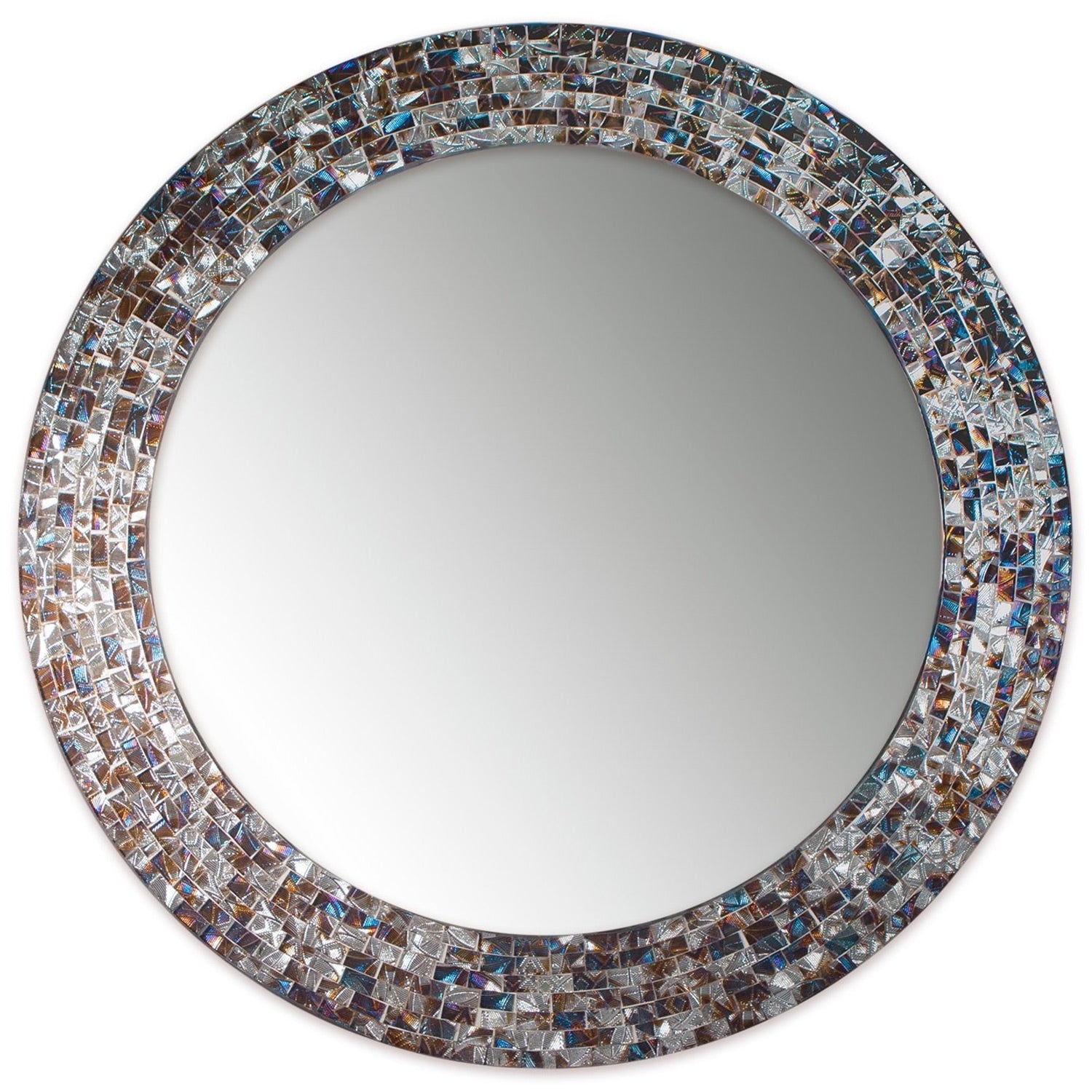 24 Inch Round Silver Decorative Mosaic Glass Wall Mirror for Living Room, Handmade Mosaic Tile Frame Accent Mirror