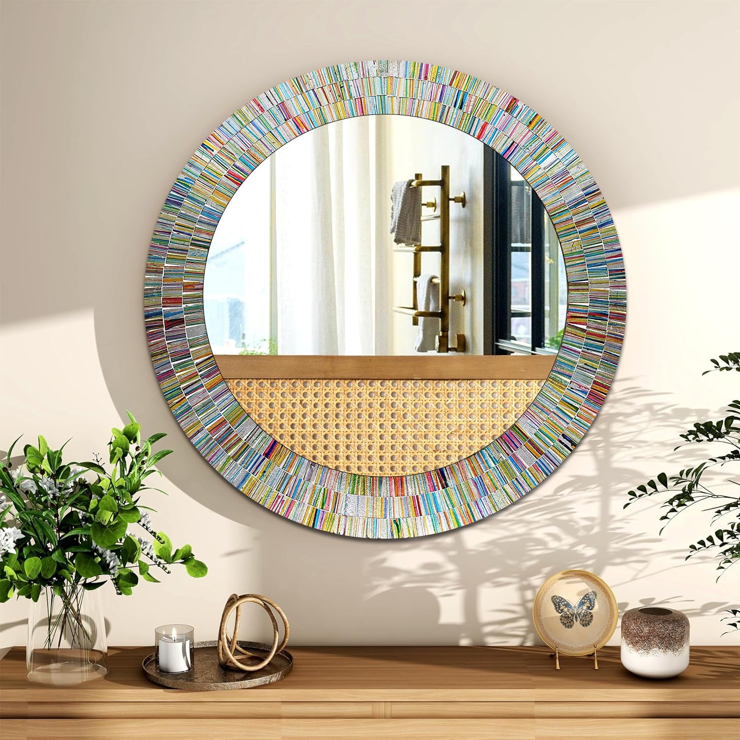 Bohemian Rainbow Decorative Wall Mirror -Glass Mosaic Mirror Round Wall Mirror, Multi Color Spectrum Wall Mountable, 24" Multi-Color Round Framed Mirror