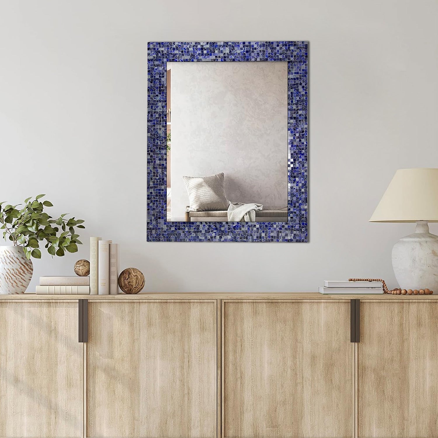 24" Lapis Blue Glass Mosaic Tile Framed Decorative Rectangular Wall Mirror, Handmade Eclectic Accent Mirror