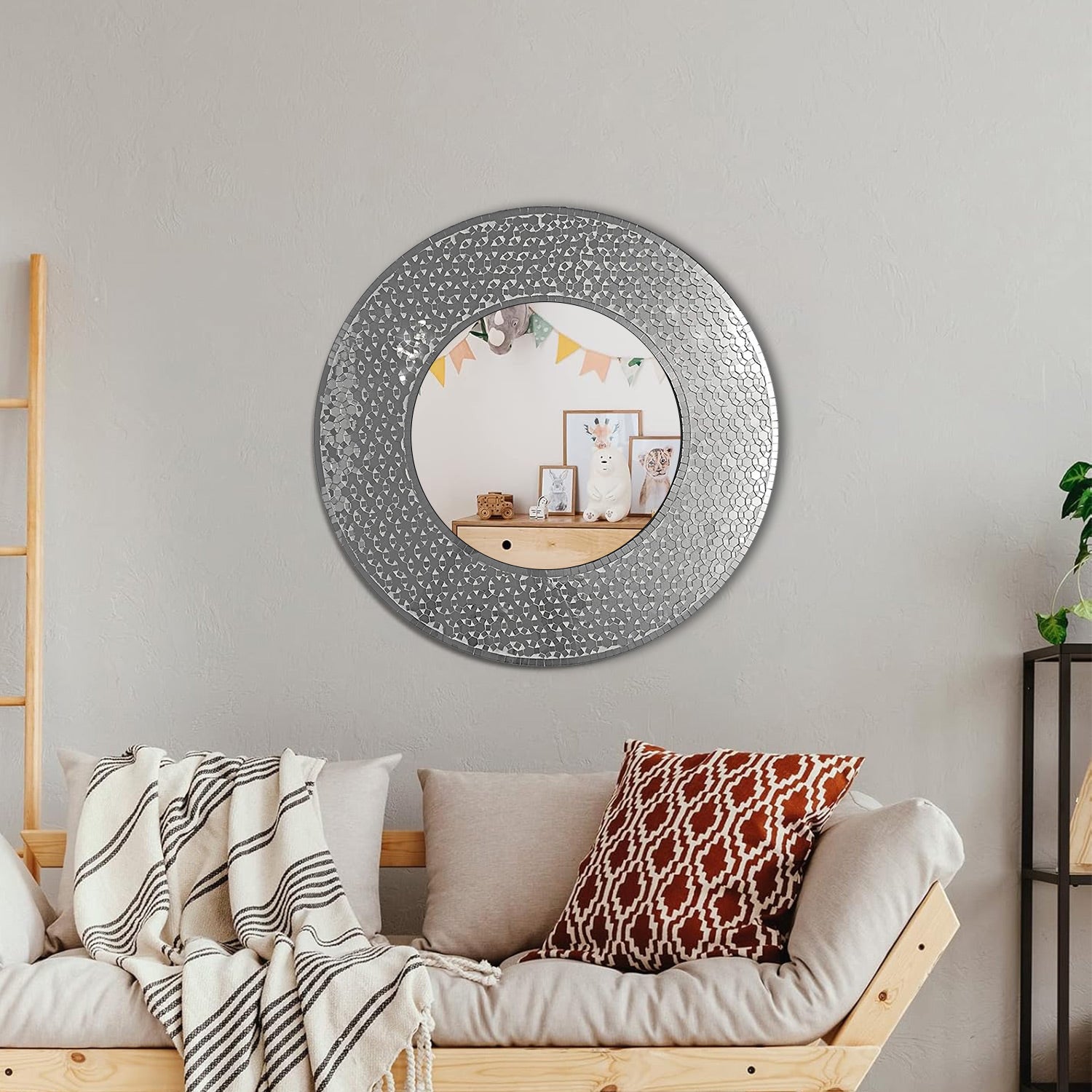 DecorShore 24 Inch Round Wall Mirror for Living Room and Entryway Decorative Glass Mosaic Mirror In Shiny Silver