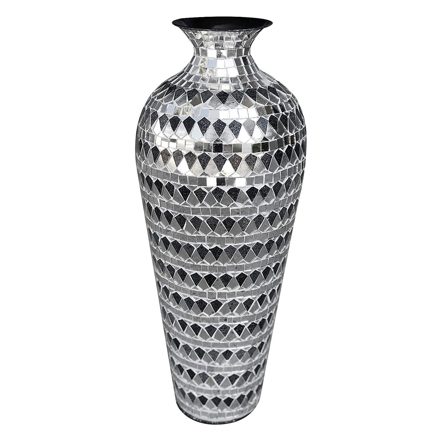 DecorShore Decorative Mosaic Vase - Large Metal Floor Vase With Glass Mosaic In Elegant Silver & Black Tessellation Pattern