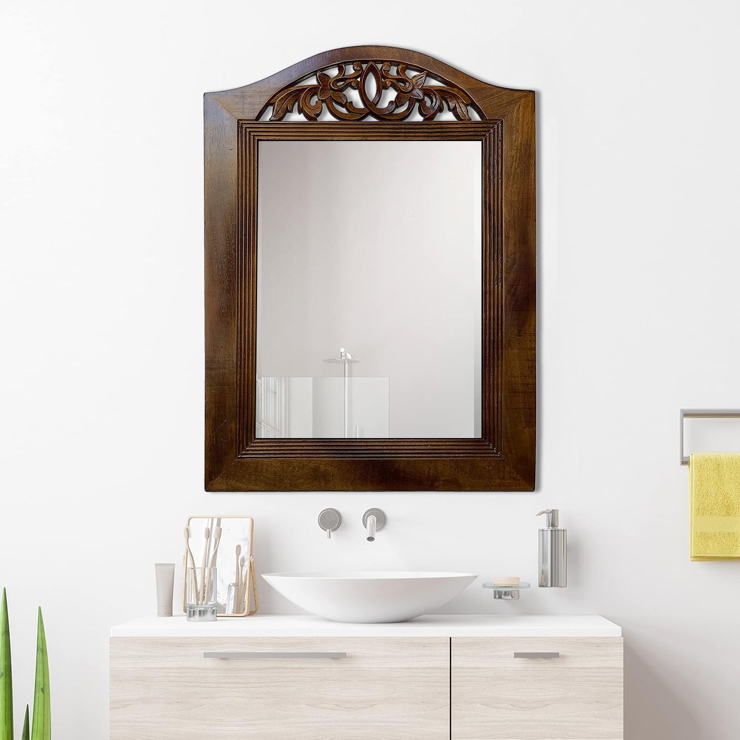 DecorShore Hand Carved Solid Framed Wooden Mirror Carved & Real Wood Wall Mirror In Arch Shape