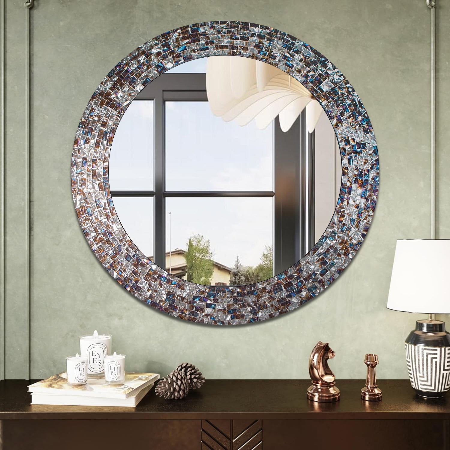 24 Inch Round Silver Decorative Mosaic Glass Wall Mirror for Living Room, Handmade Mosaic Tile Frame Accent Mirror