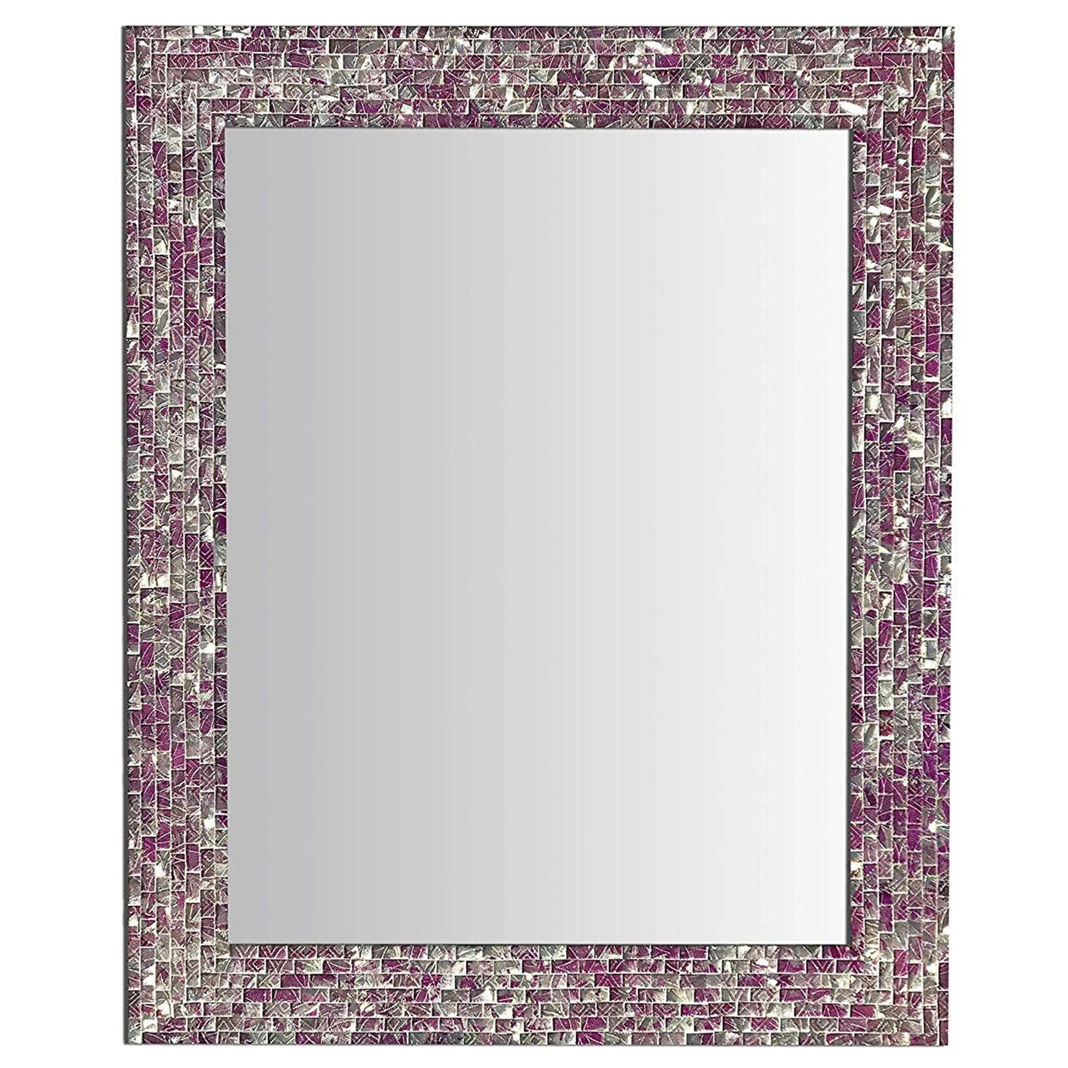 30X24" Multi-Colored Magenta & Silver, Luxe Mosaic Glass Framed Wall Mirror, Decorative Embossed Glass Mosaic Rectangular Mirror