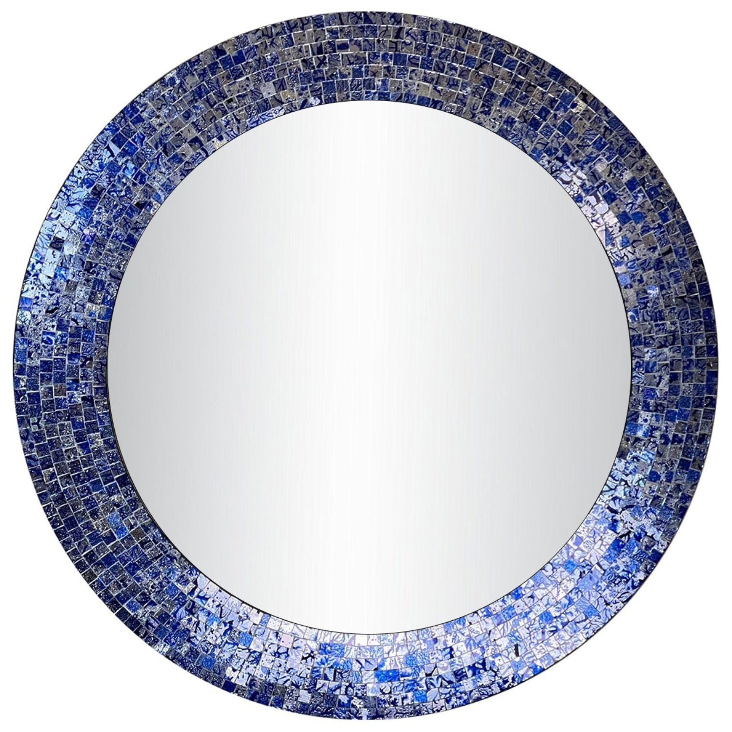 24" Sapphire And Silver, Handmade Round Decorative Glass Mosaic Tile Framed Accent Wall Mirror By DecorShore