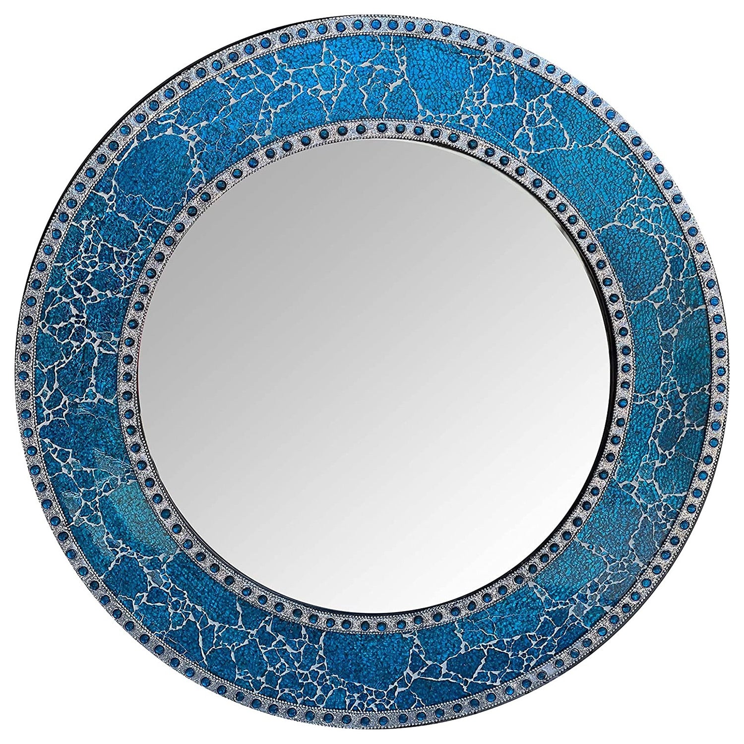 24" Sapphire Round Wall Mirror, Handmade Crackled Glass Mosaic Tile Framed, Decorative Design By DecorShore