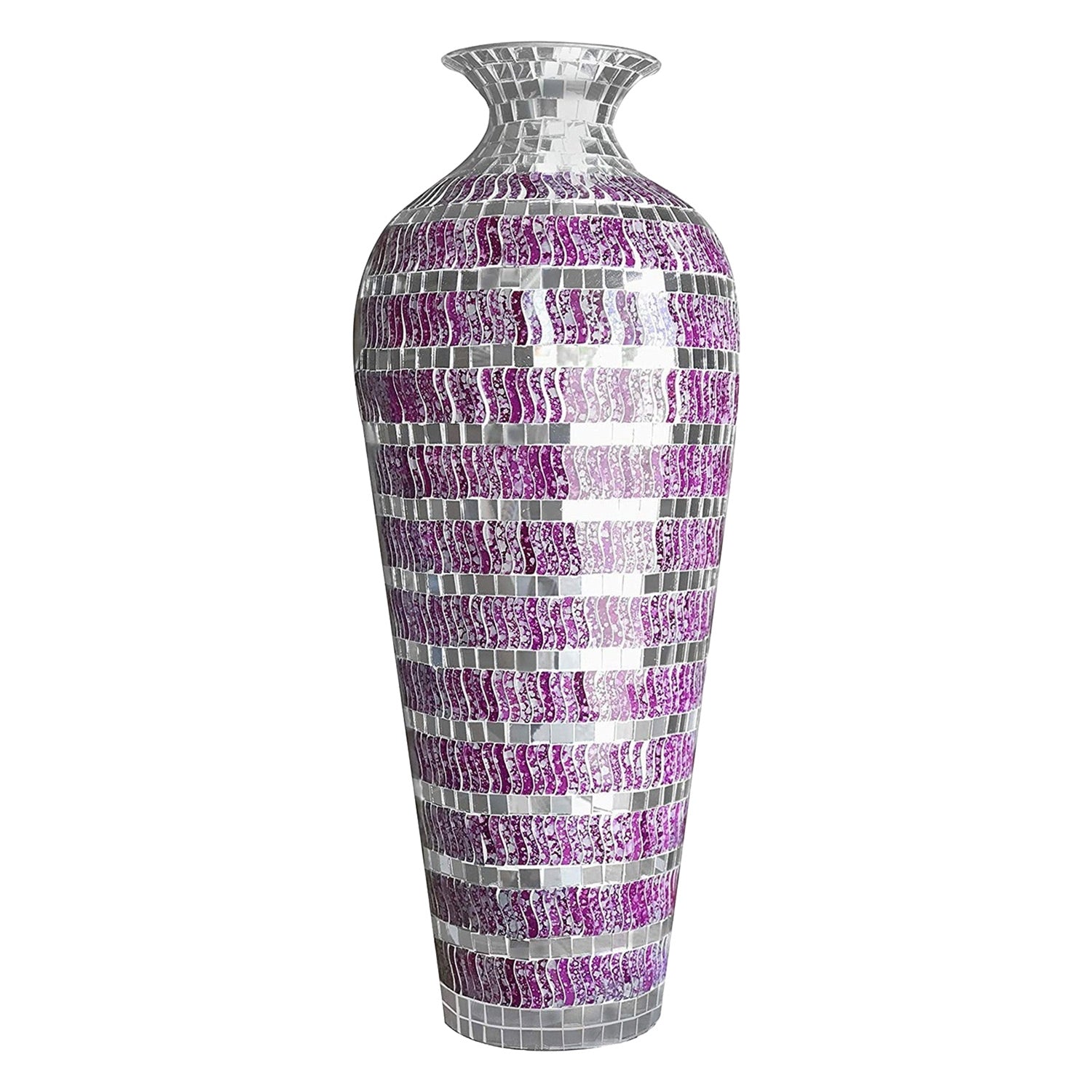 DecorShore Decorative Mosaic Vase - Geometric Pattern Metal Floor Vase With Glass Mosaic In Marbled Magenta Silver Wavy Shape