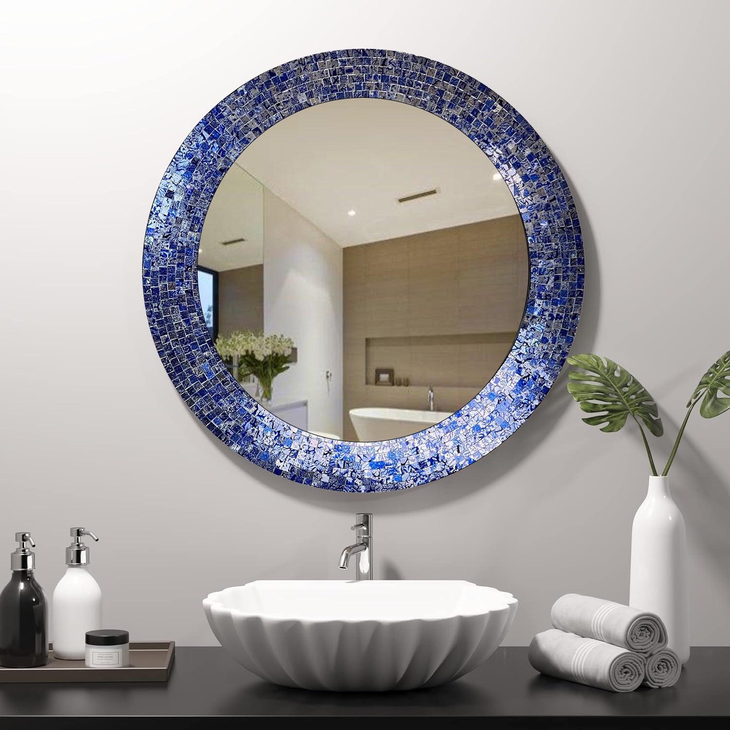 24" Sapphire And Silver, Handmade Round Decorative Glass Mosaic Tile Framed Accent Wall Mirror By DecorShore