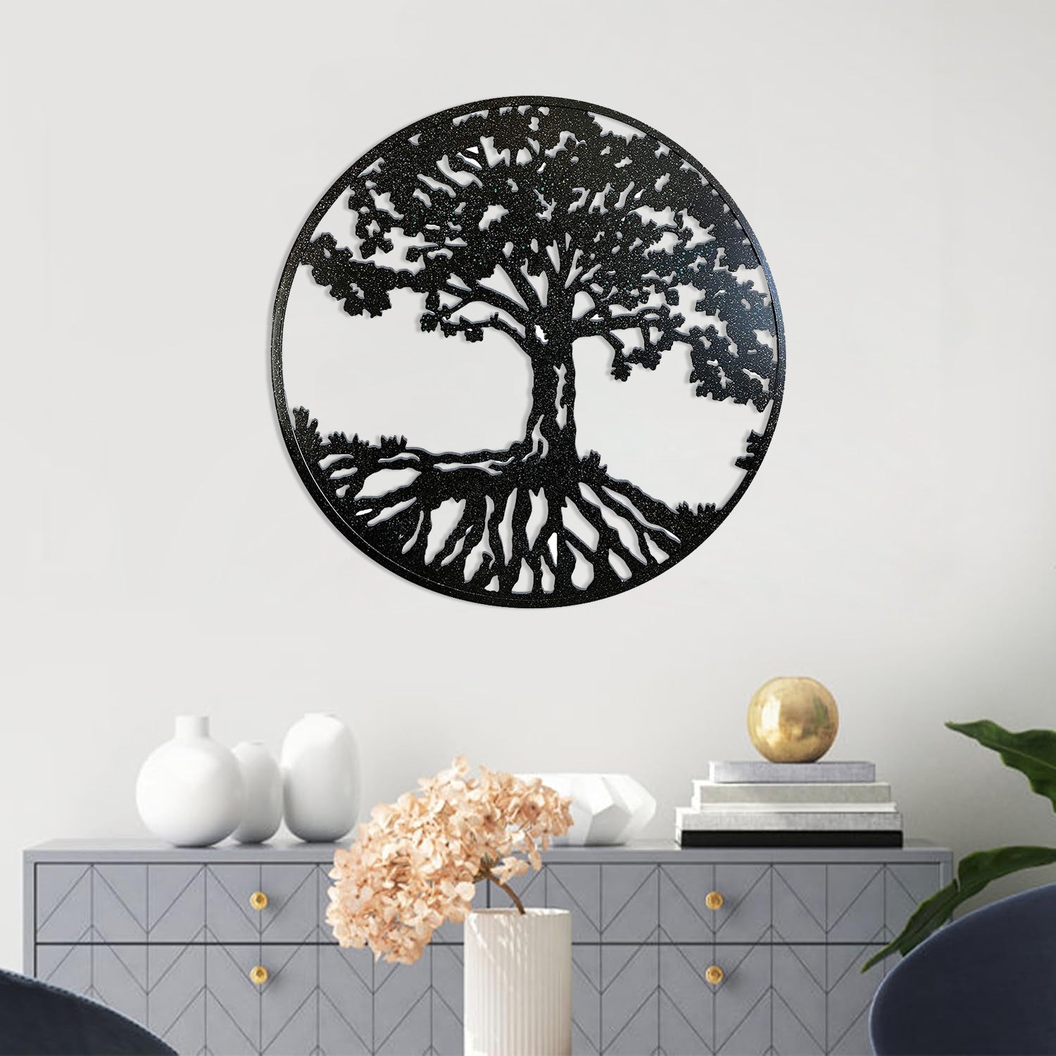 Round Metal Wall Art Decorative Wall Sculpture Natural Harmony Tree Of Life Hanging Wall Decor In Matte Black