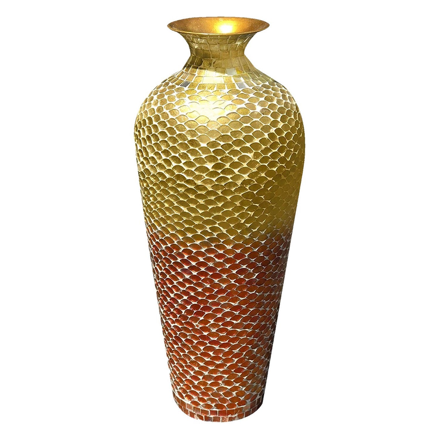 DecorShore Decorative Mosaic Vase - Tall Metal Floor Vase With Glass Mosaic In Shades Of Amber Gold & Tangerine Orange