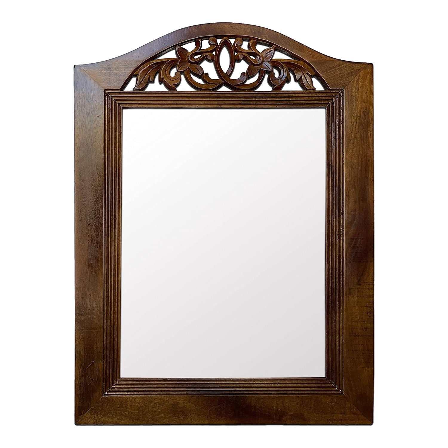 DecorShore Hand Carved Solid Framed Wooden Mirror Carved & Real Wood Wall Mirror In Arch Shape