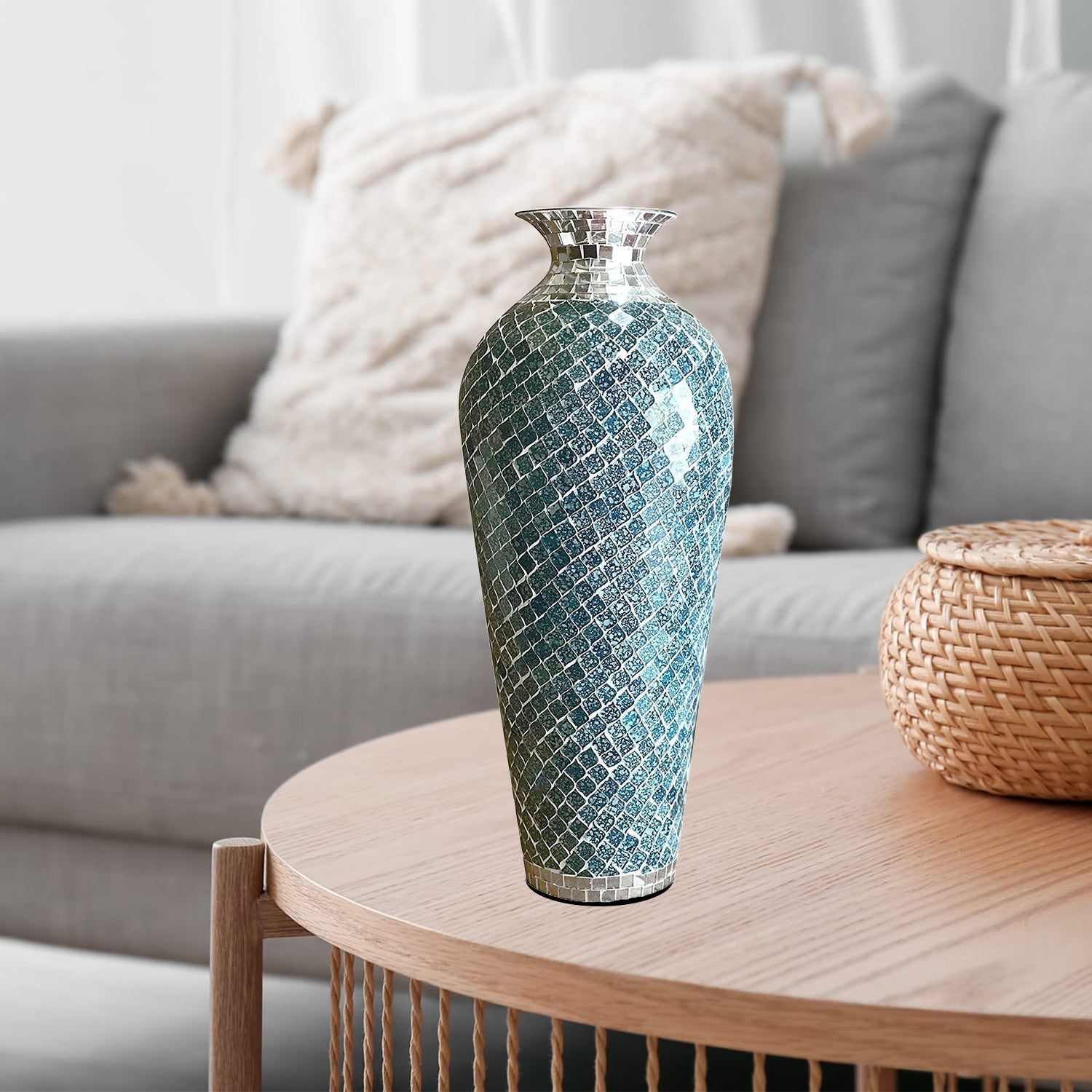 Mosaic Floor Vase, Decorative Metal Mosaic Piece Vase in Geometric Pattern Wavy Shape with Glass- Marbled Teal & Silver