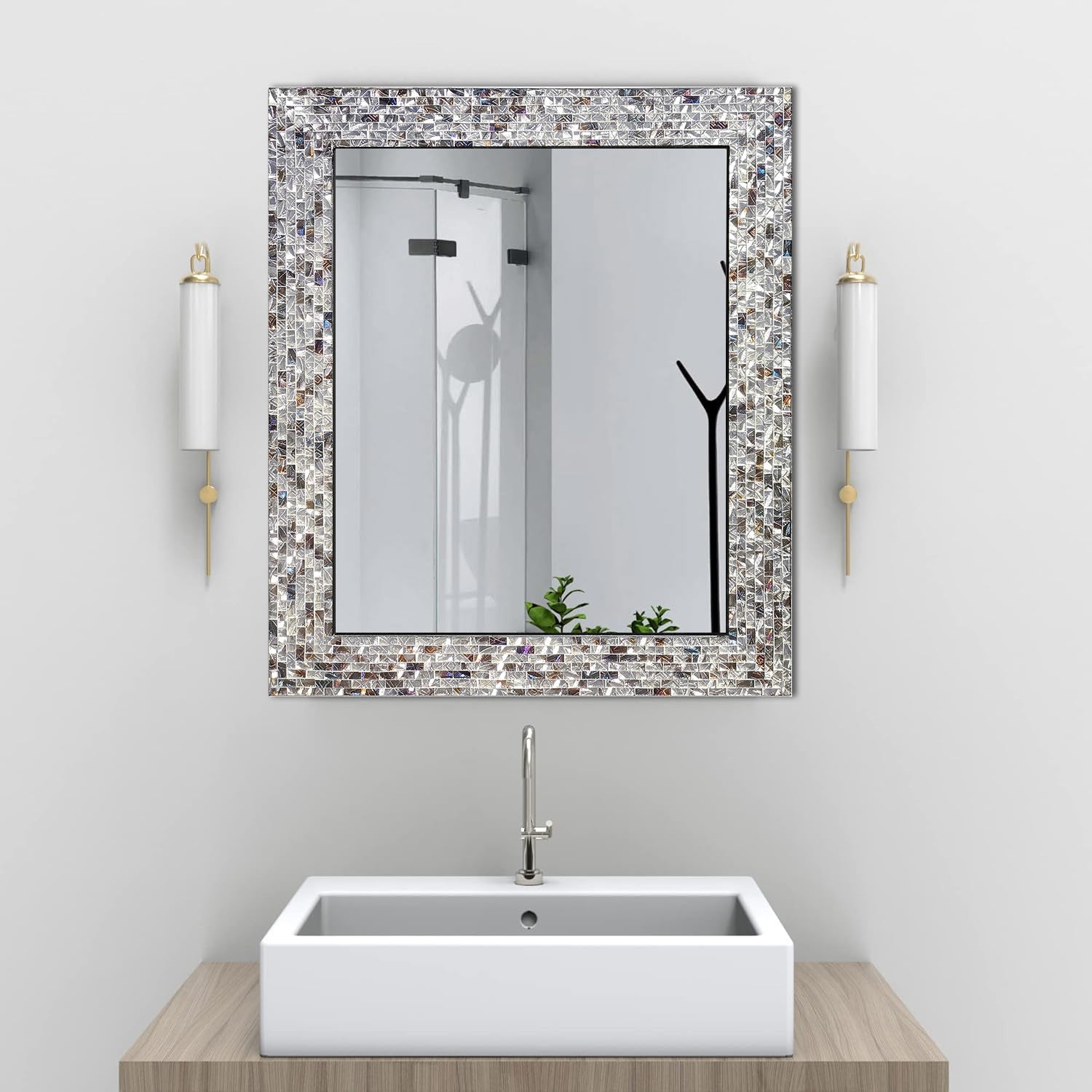 Multi-Colored And Silver 30" X 24" Luxe Mosaic Glass Framed Wall Mirror, Decorative Embossed Rectangular Accent Mirror