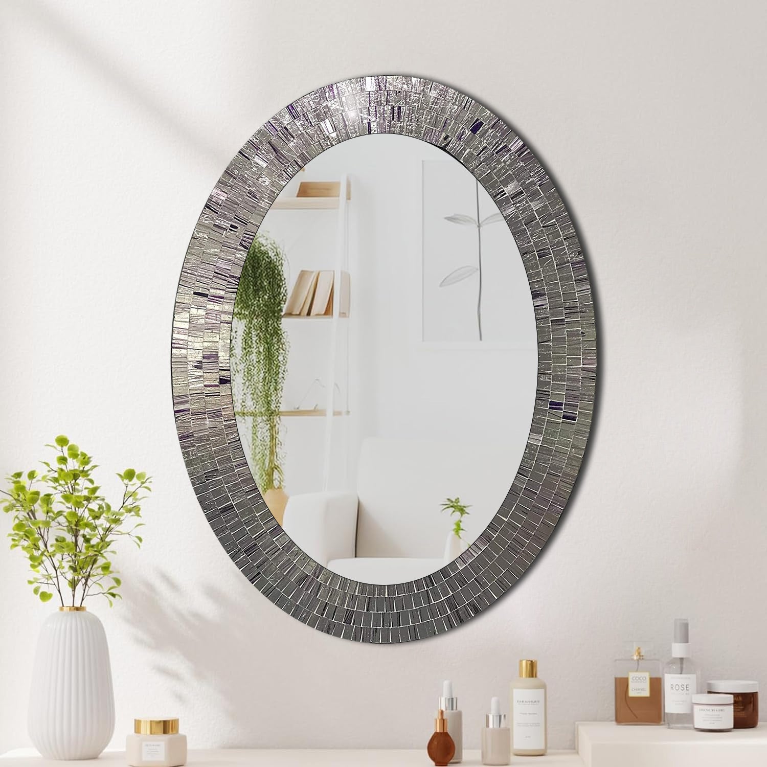 Bohemian Rhapsody Wall Mirror -Purple Rain - Glass Mosaic Decorative Wall Mirror, Silver Violet 32.5 X 24.5 In