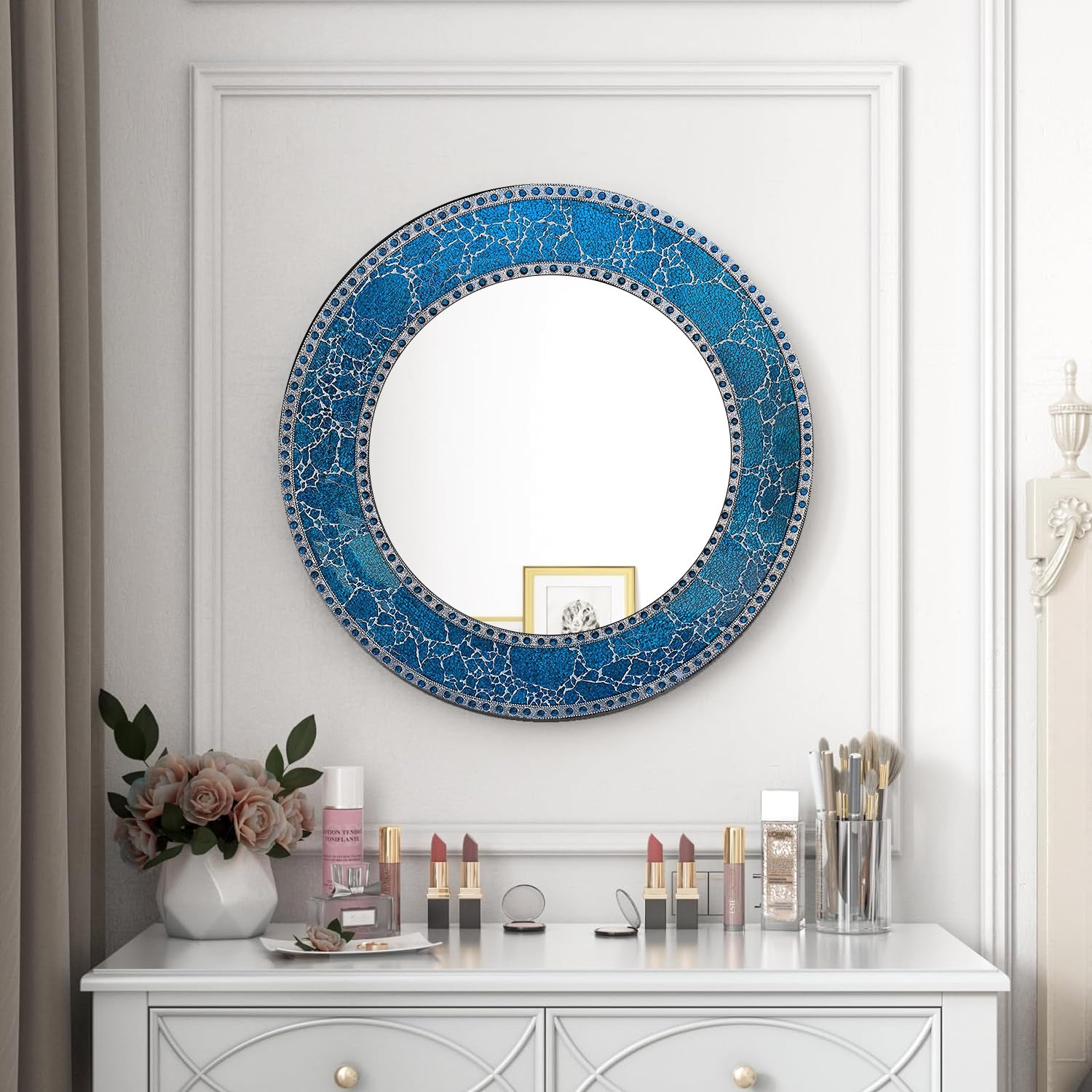 24" Sapphire Round Wall Mirror, Handmade Crackled Glass Mosaic Tile Framed, Decorative Design By DecorShore